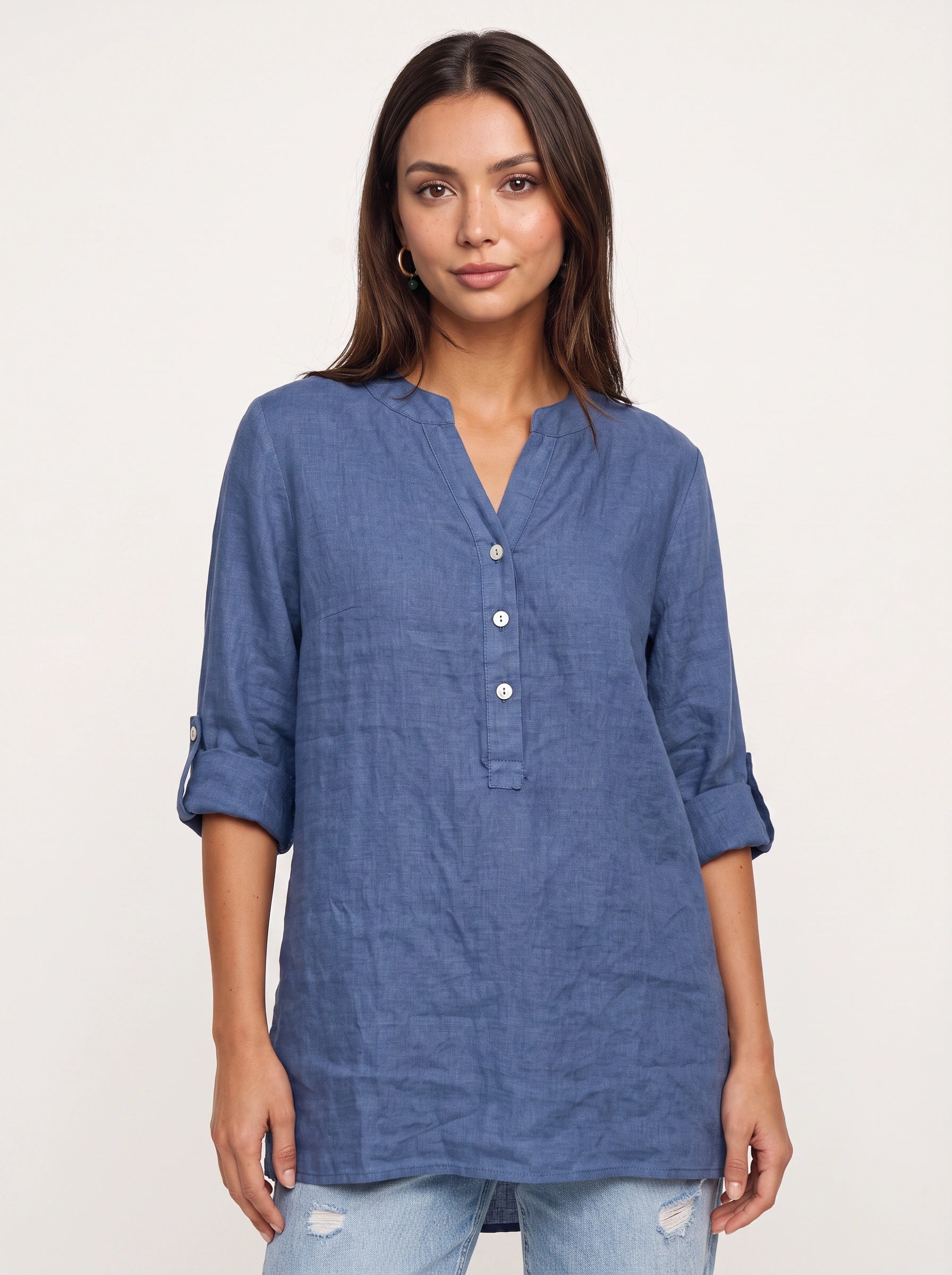 Casara Linen Henley Tunic Top – Women Button Front Roll Tab Sleeve Relaxed Blouse Summer Casual