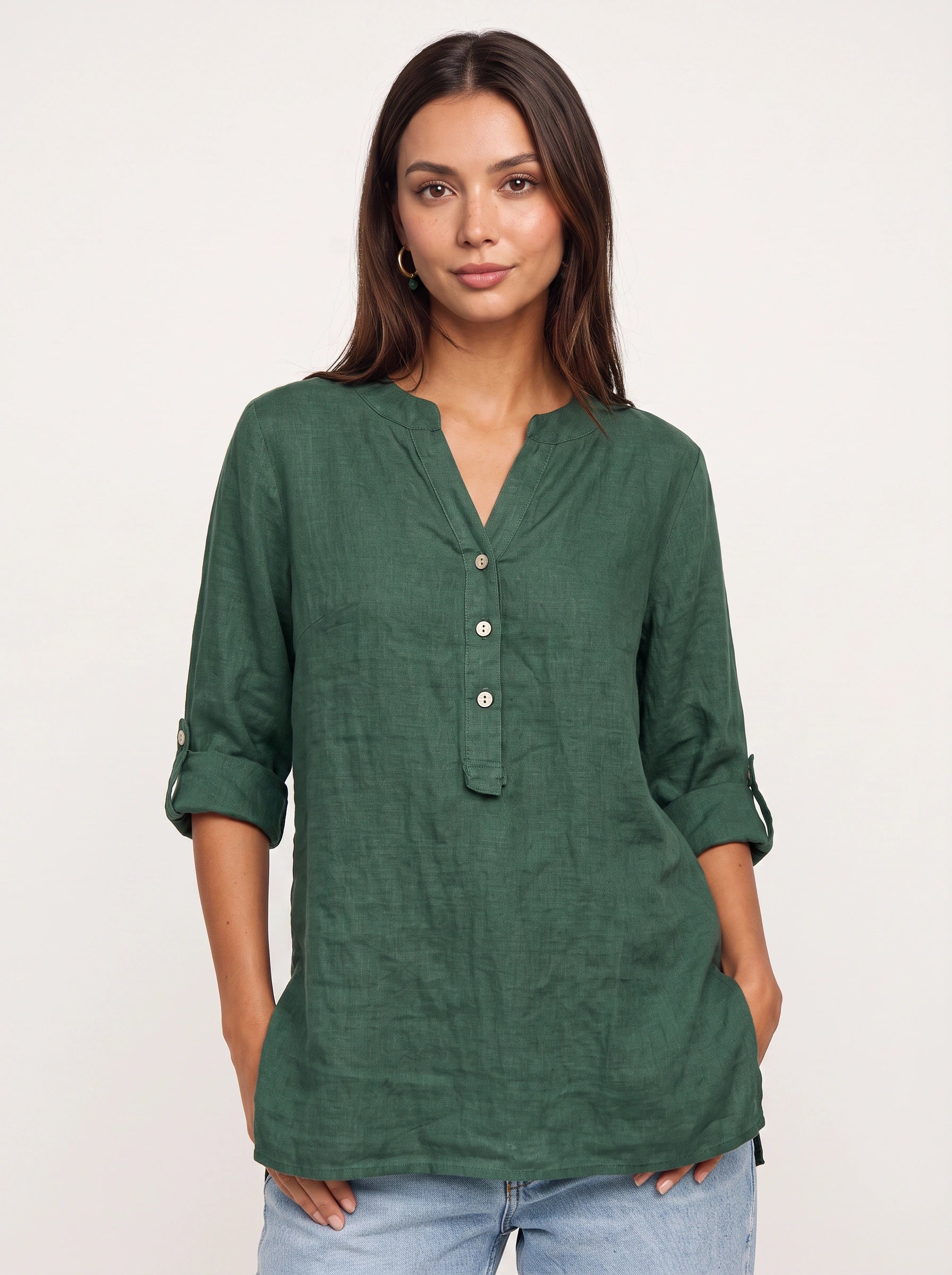 Casara Linen Henley Tunic Top – Women Button Front Roll Tab Sleeve Relaxed Blouse Summer Casual