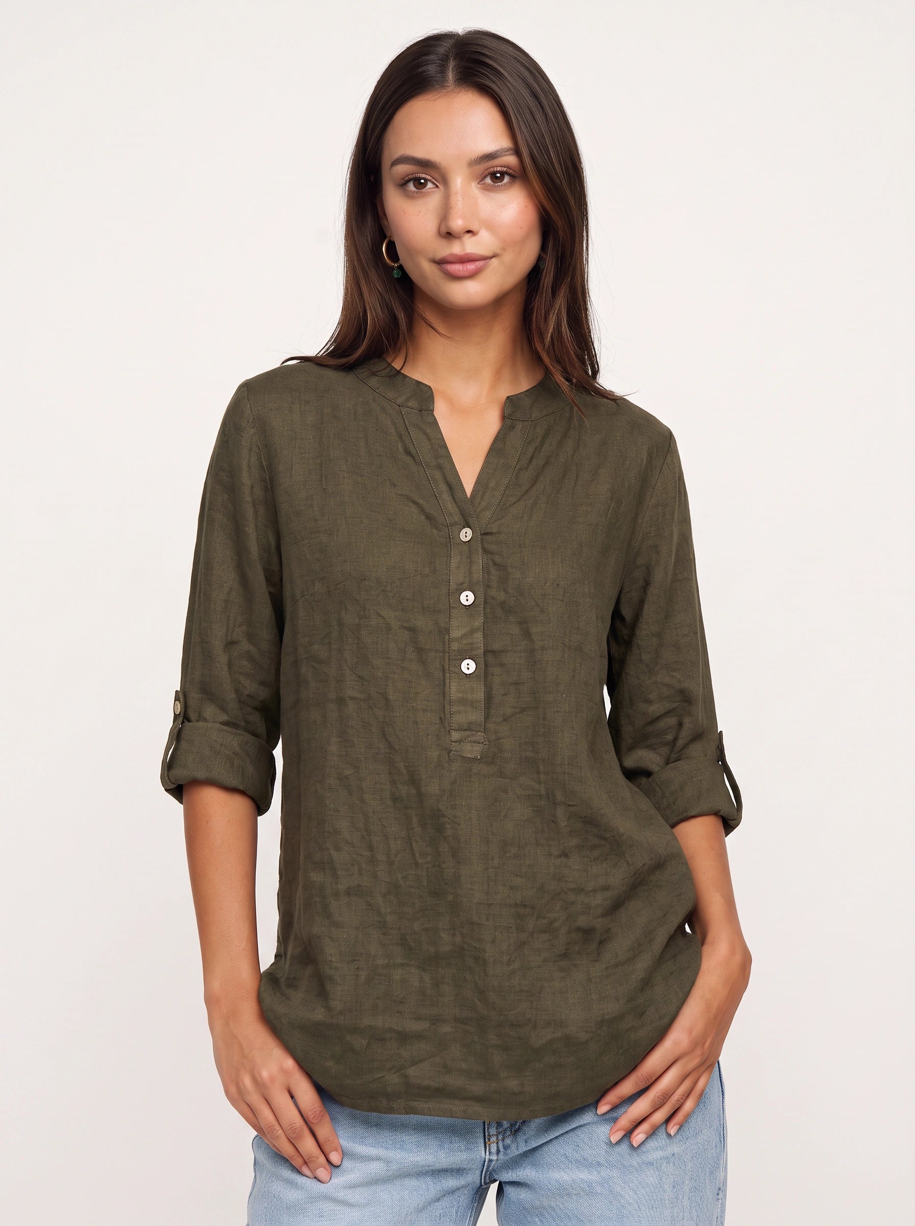 Casara Linen Henley Tunic Top – Women Button Front Roll Tab Sleeve Relaxed Blouse Summer Casual