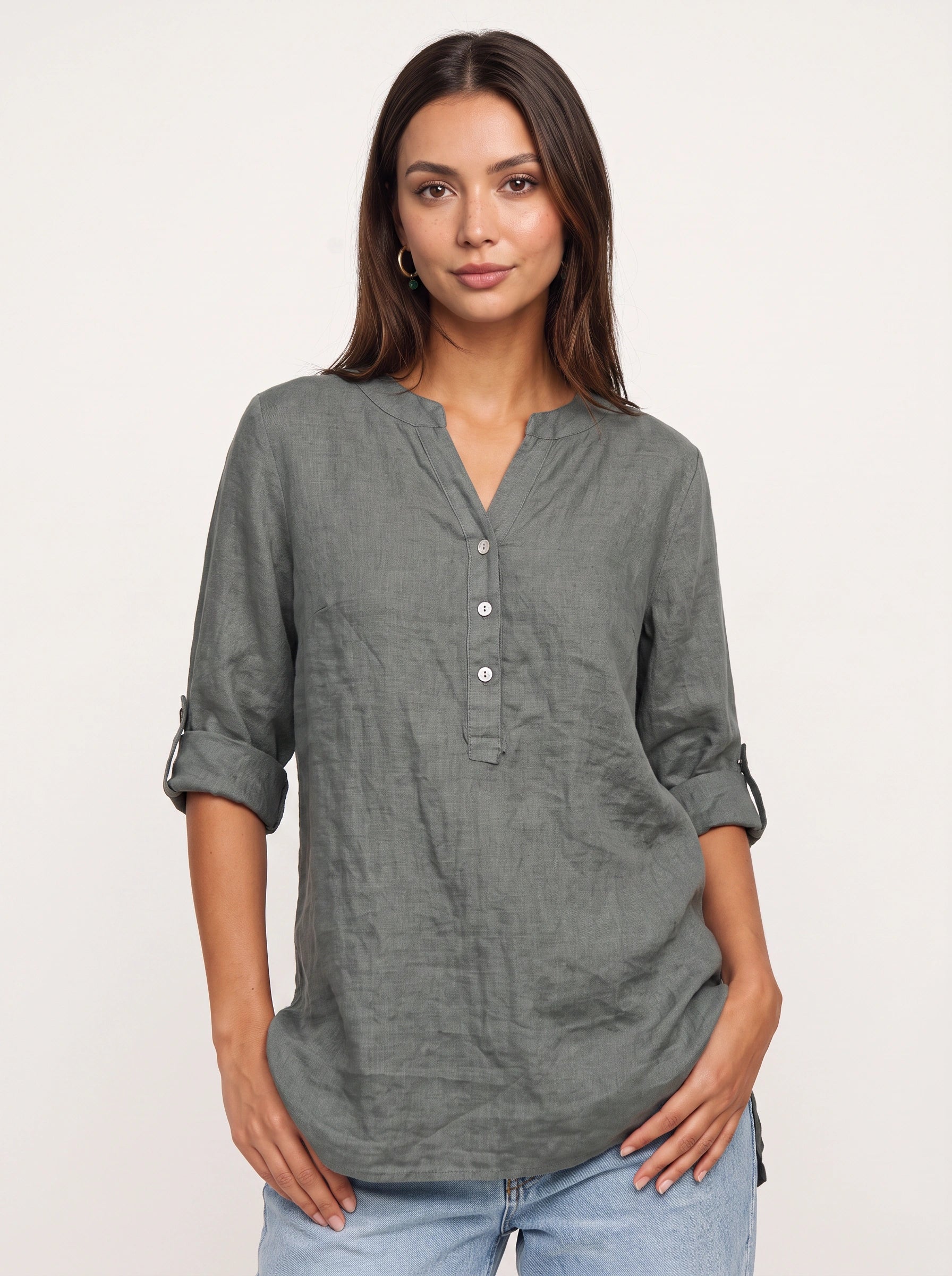 Casara Linen Henley Tunic Top – Women Button Front Roll Tab Sleeve Relaxed Blouse Summer Casual