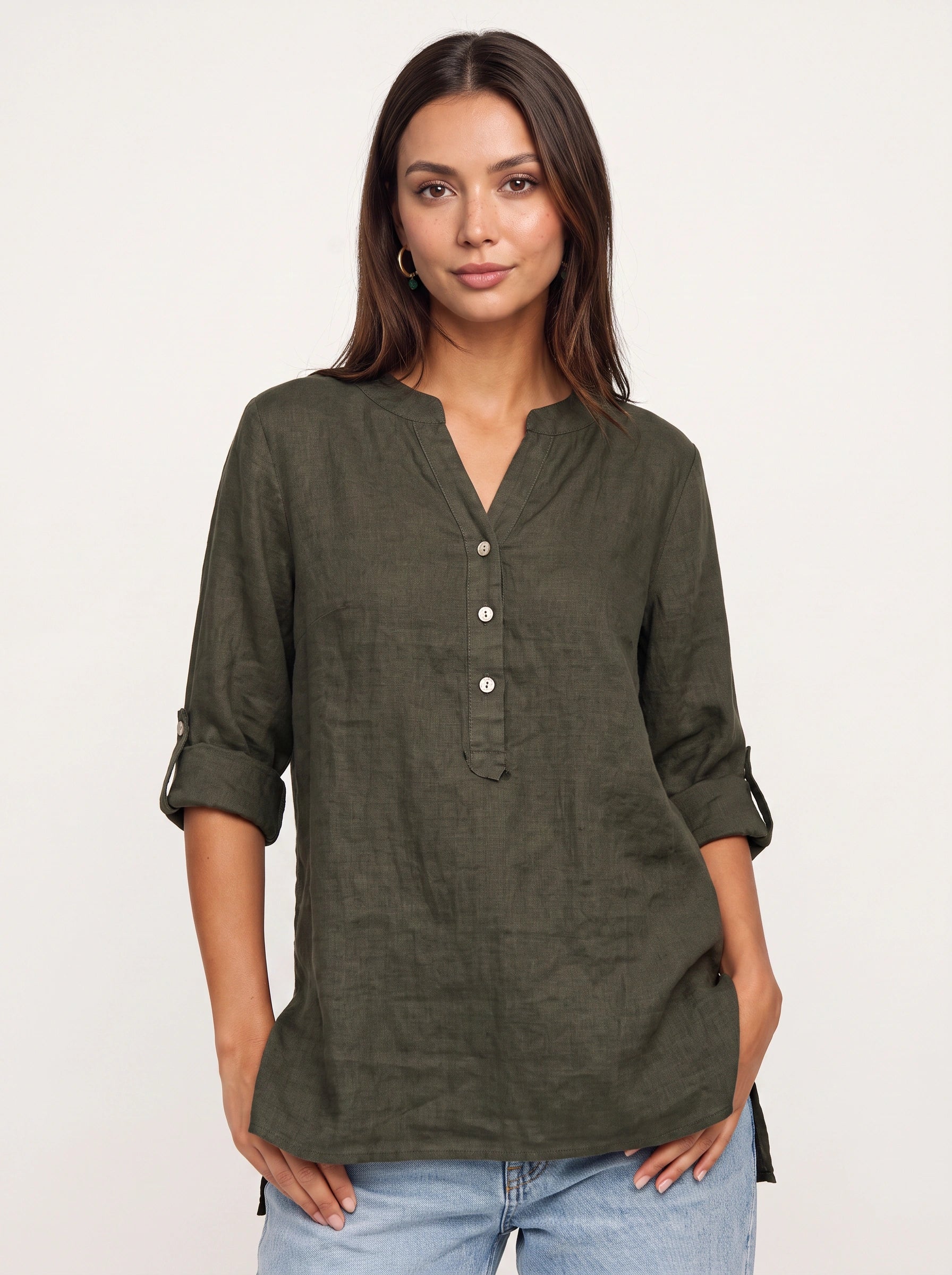 Casara Linen Henley Tunic Top – Women Button Front Roll Tab Sleeve Relaxed Blouse Summer Casual