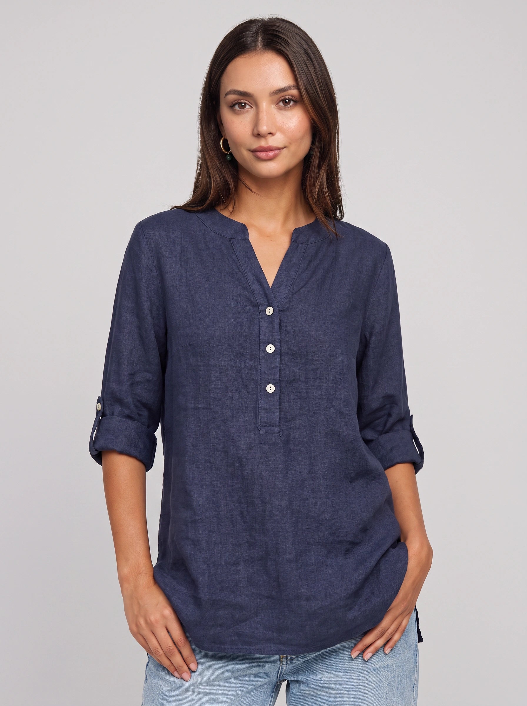 Casara Linen Henley Tunic Top – Women Button Front Roll Tab Sleeve Relaxed Blouse Summer Casual