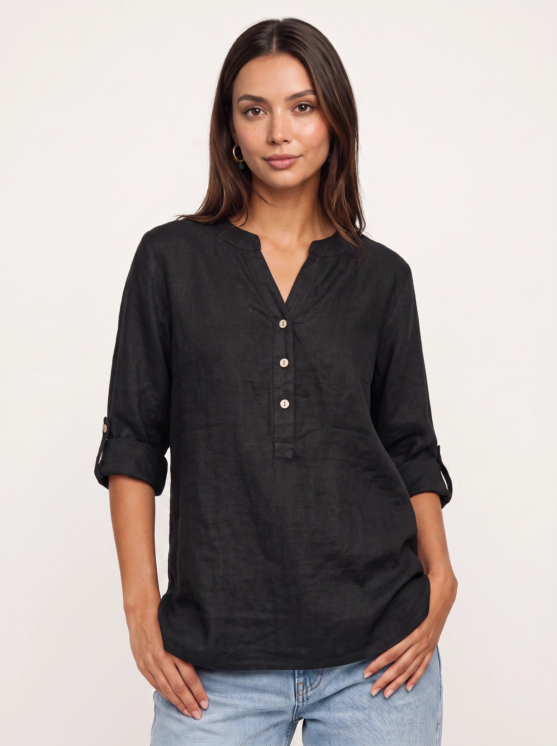 Casara Linen Henley Tunic Top – Women Button Front Roll Tab Sleeve Relaxed Blouse Summer Casual