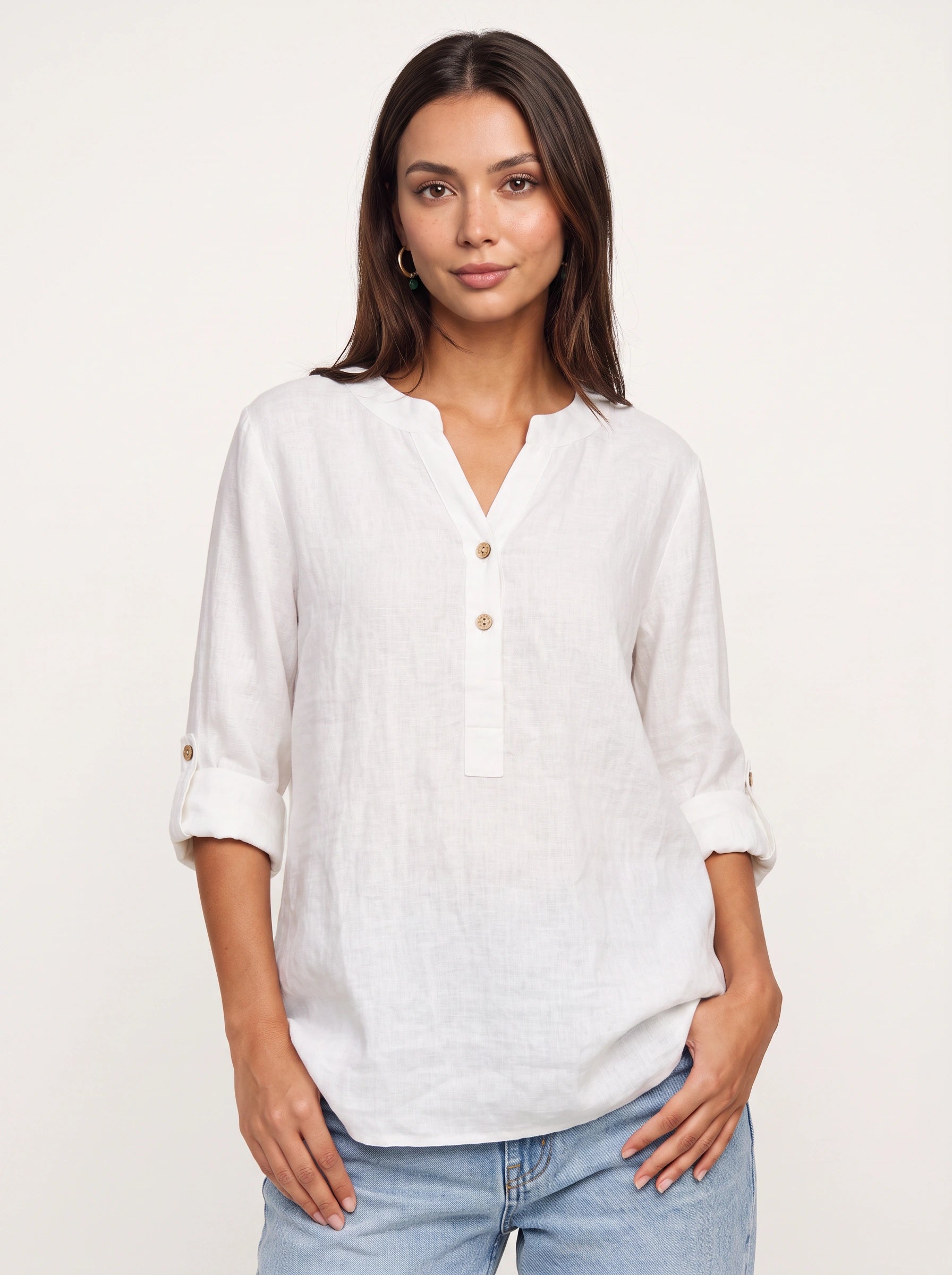 Casara Linen Henley Tunic Top – Women Button Front Roll Tab Sleeve Relaxed Blouse Summer Casual