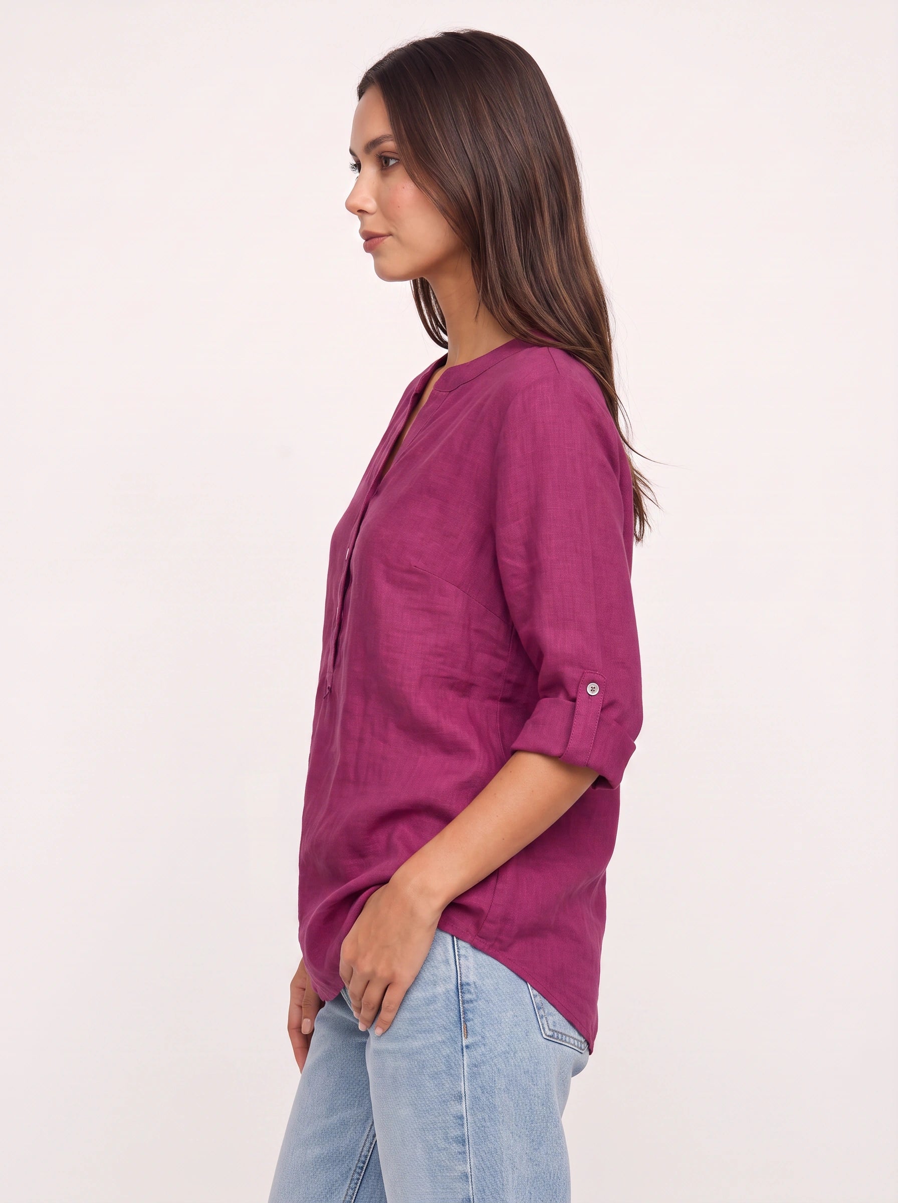 Casara Linen Henley Tunic Top – Women Button Front Roll Tab Sleeve Relaxed Blouse Summer Casual