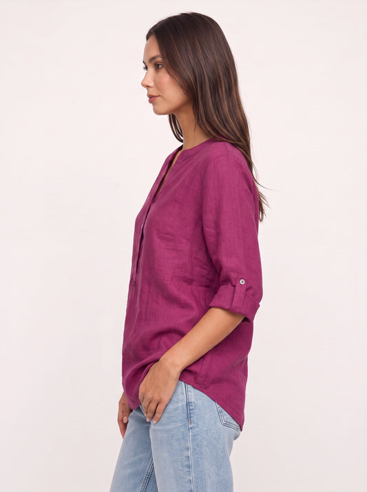 Casara Linen Henley Tunic Top – Women Button Front Roll Tab Sleeve Relaxed Blouse Summer Casual