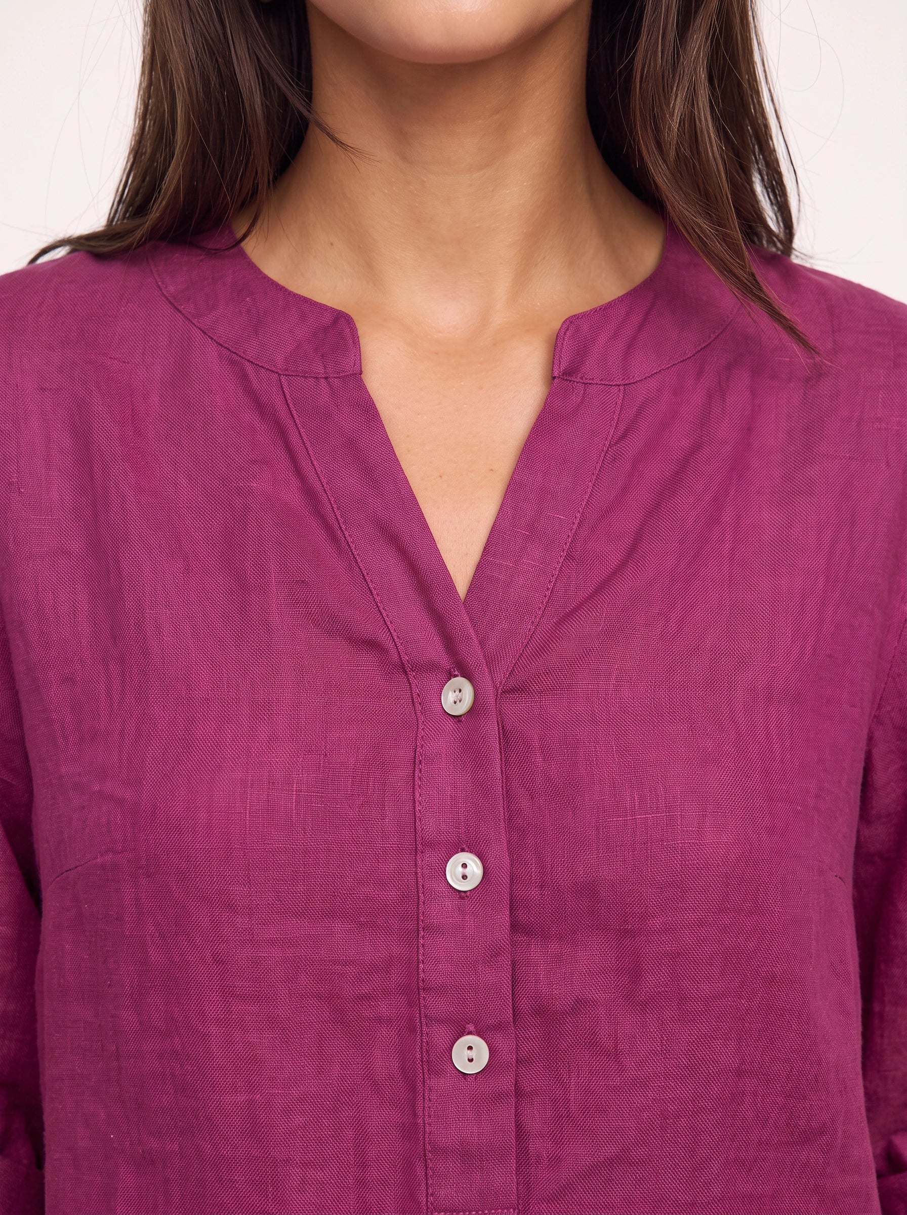 Casara Linen Henley Tunic Top – Women Button Front Roll Tab Sleeve Relaxed Blouse Summer Casual