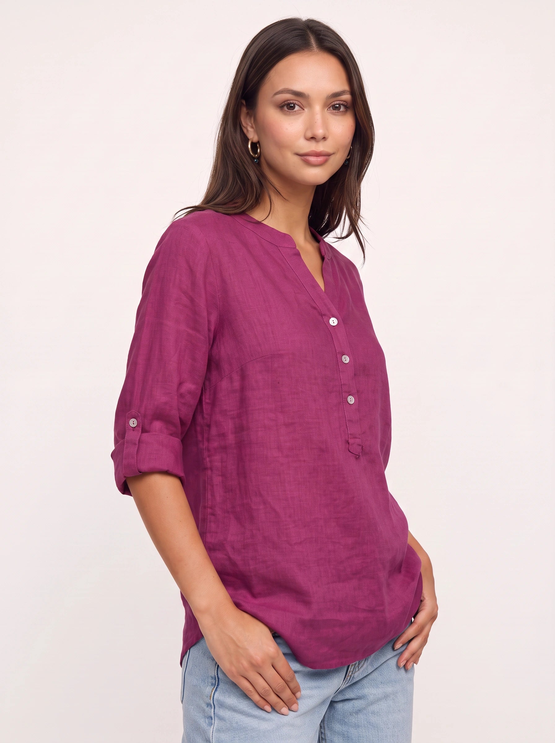 Casara Linen Henley Tunic Top – Women Button Front Roll Tab Sleeve Relaxed Blouse Summer Casual
