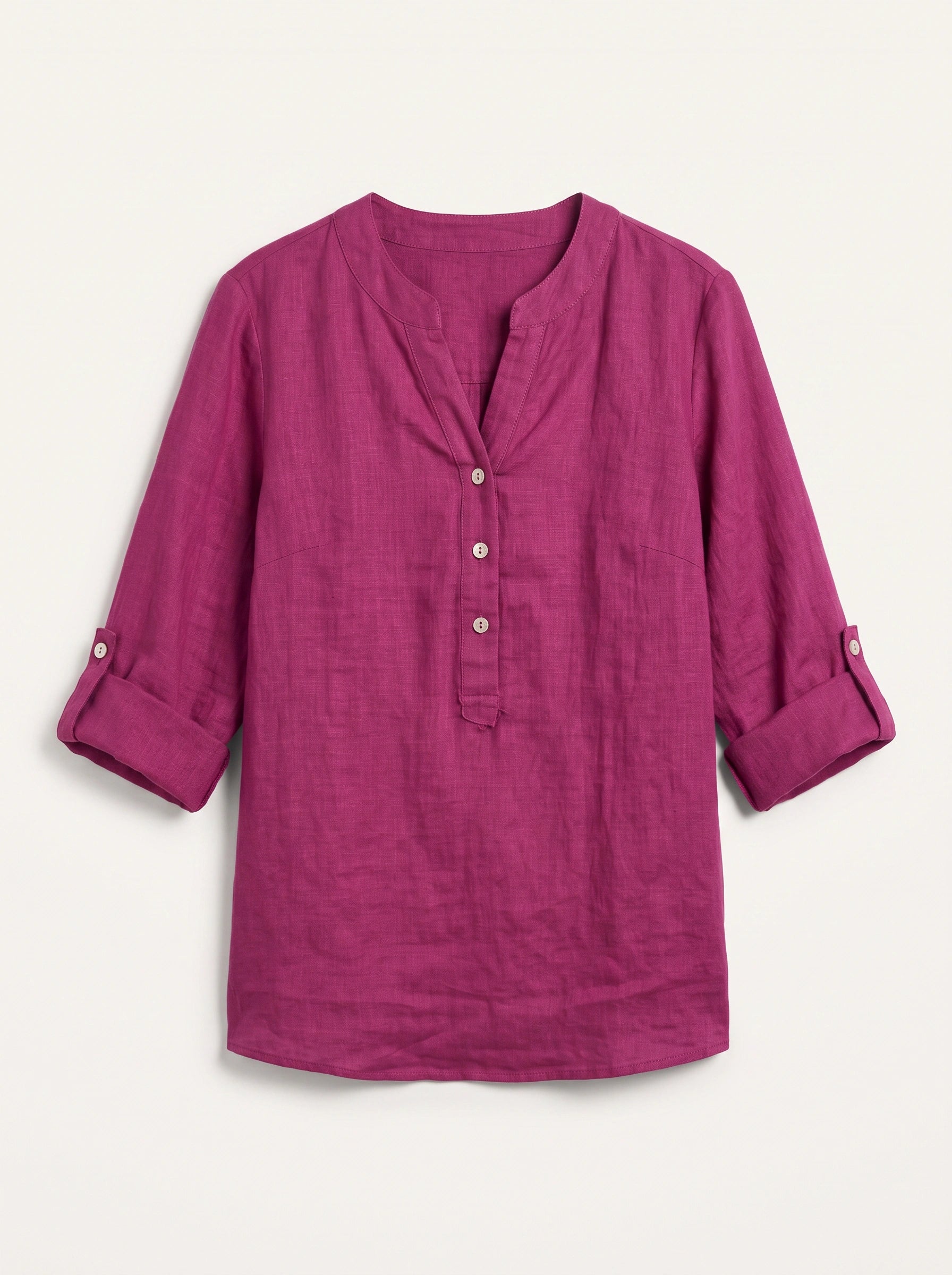 Casara Linen Henley Tunic Top – Women Button Front Roll Tab Sleeve Relaxed Blouse Summer Casual