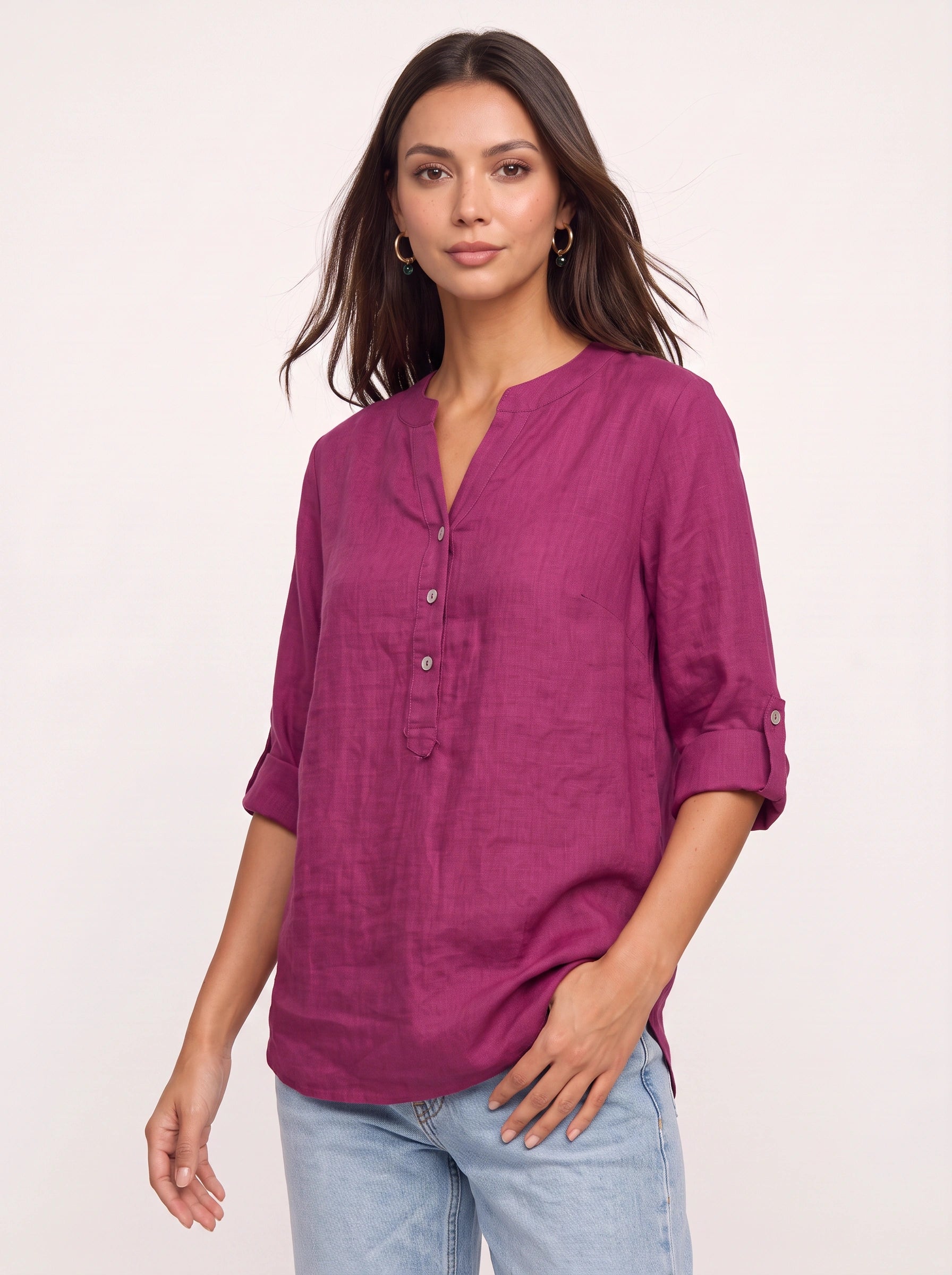 Casara Linen Henley Tunic Top – Women Button Front Roll Tab Sleeve Relaxed Blouse Summer Casual