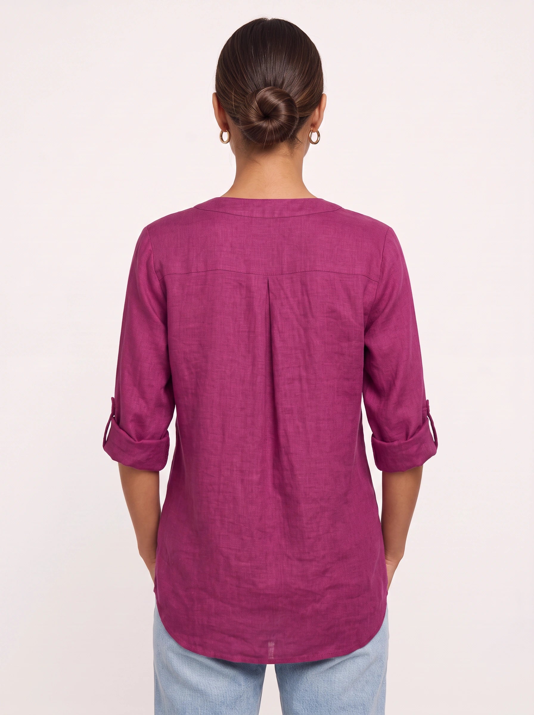 Casara Linen Henley Tunic Top – Women Button Front Roll Tab Sleeve Relaxed Blouse Summer Casual