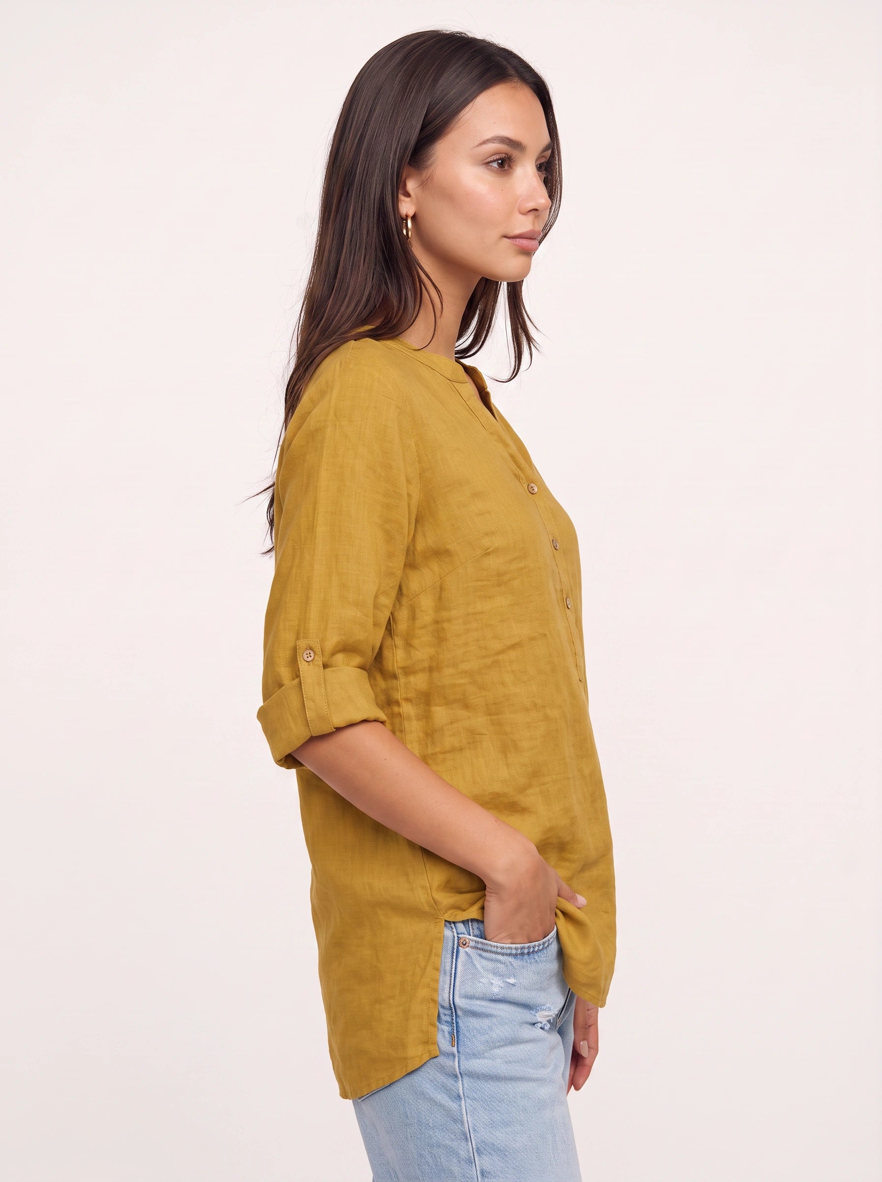 Casara Linen Henley Tunic Top – Women Button Front Roll Tab Sleeve Relaxed Blouse Summer Casual