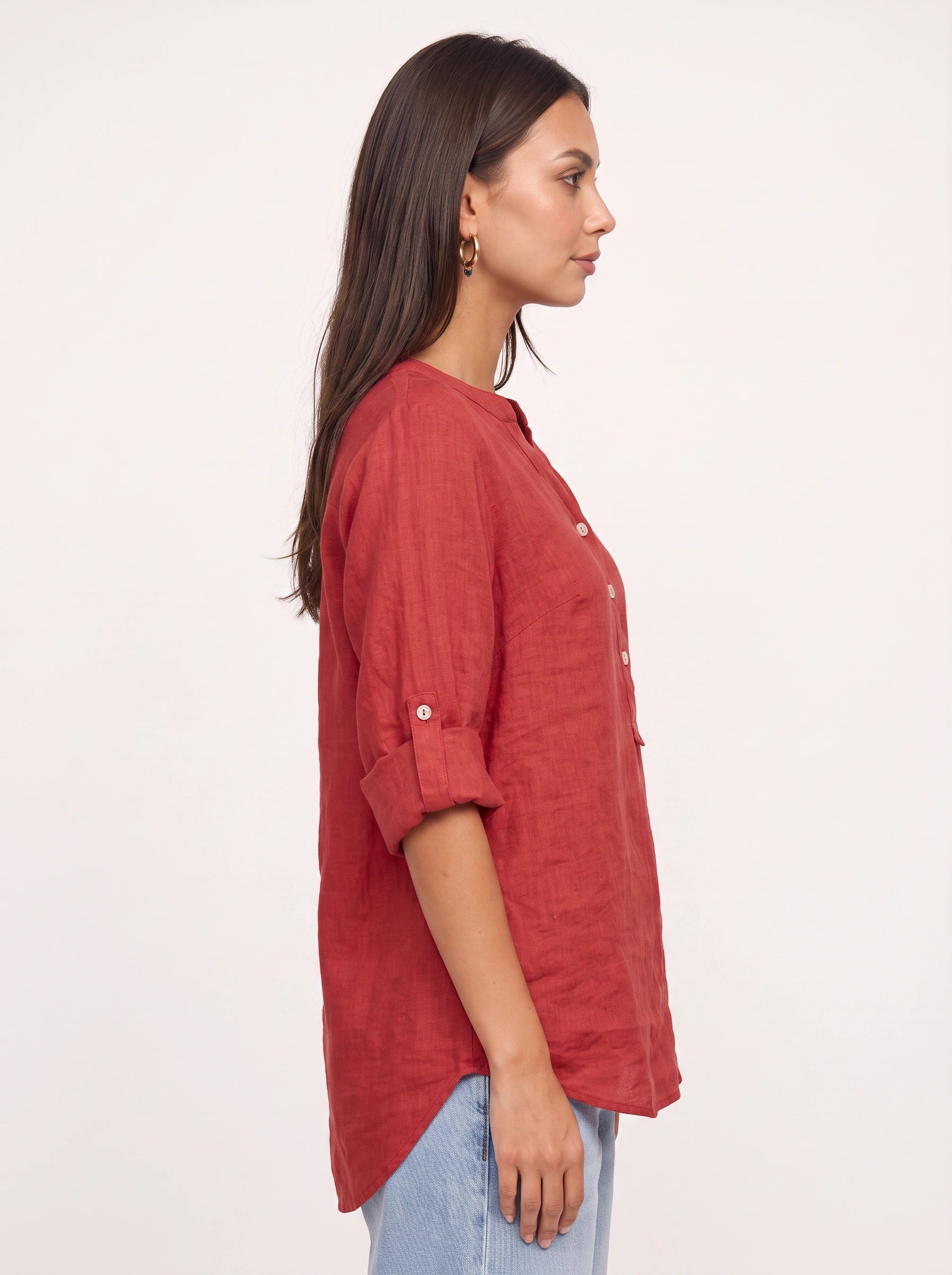 Casara Linen Henley Tunic Top – Women Button Front Roll Tab Sleeve Relaxed Blouse Summer Casual