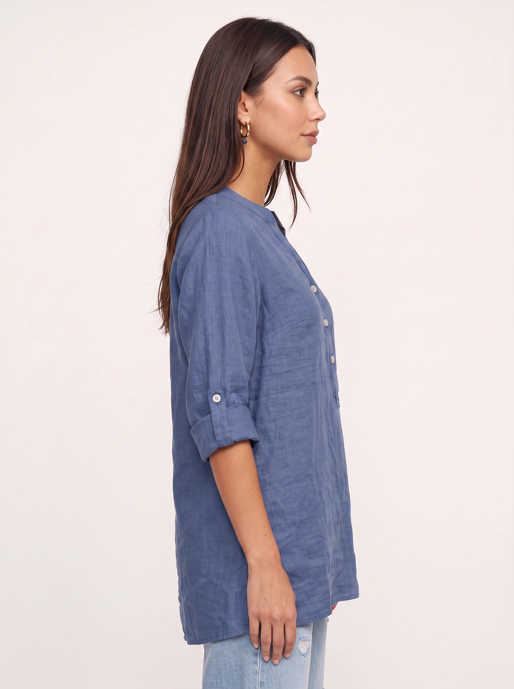 Casara Linen Henley Tunic Top – Women Button Front Roll Tab Sleeve Relaxed Blouse Summer Casual