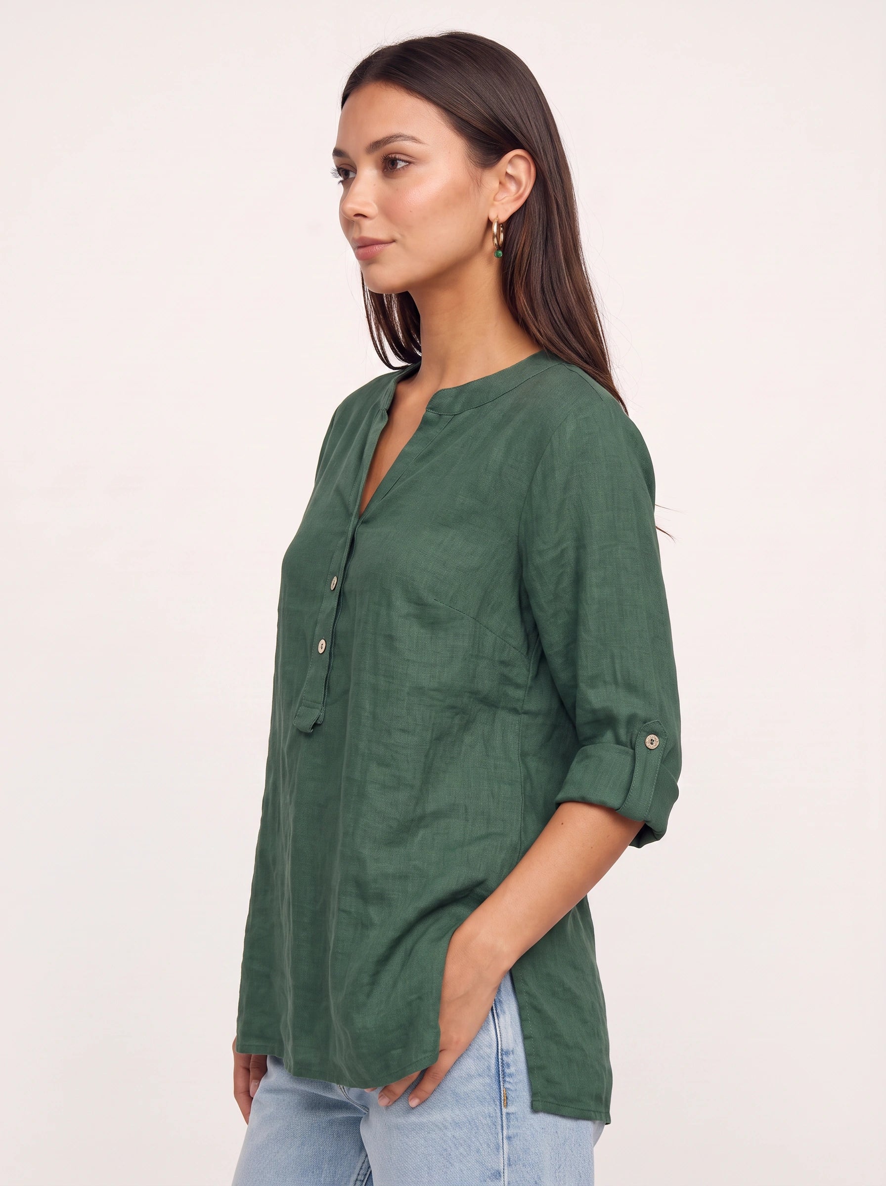Casara Linen Henley Tunic Top – Women Button Front Roll Tab Sleeve Relaxed Blouse Summer Casual