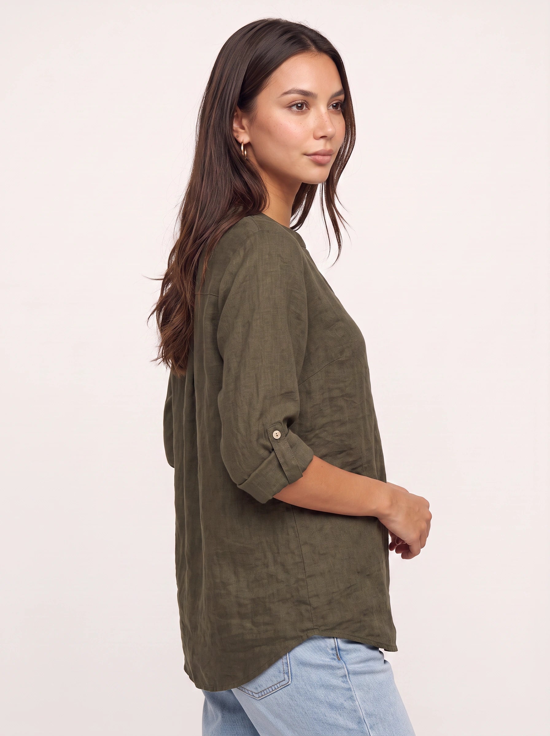Casara Linen Henley Tunic Top – Women Button Front Roll Tab Sleeve Relaxed Blouse Summer Casual