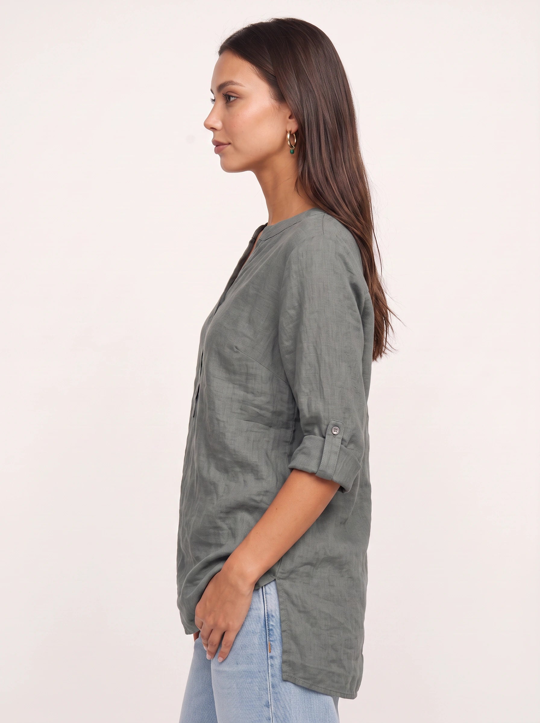 Casara Linen Henley Tunic Top – Women Button Front Roll Tab Sleeve Relaxed Blouse Summer Casual