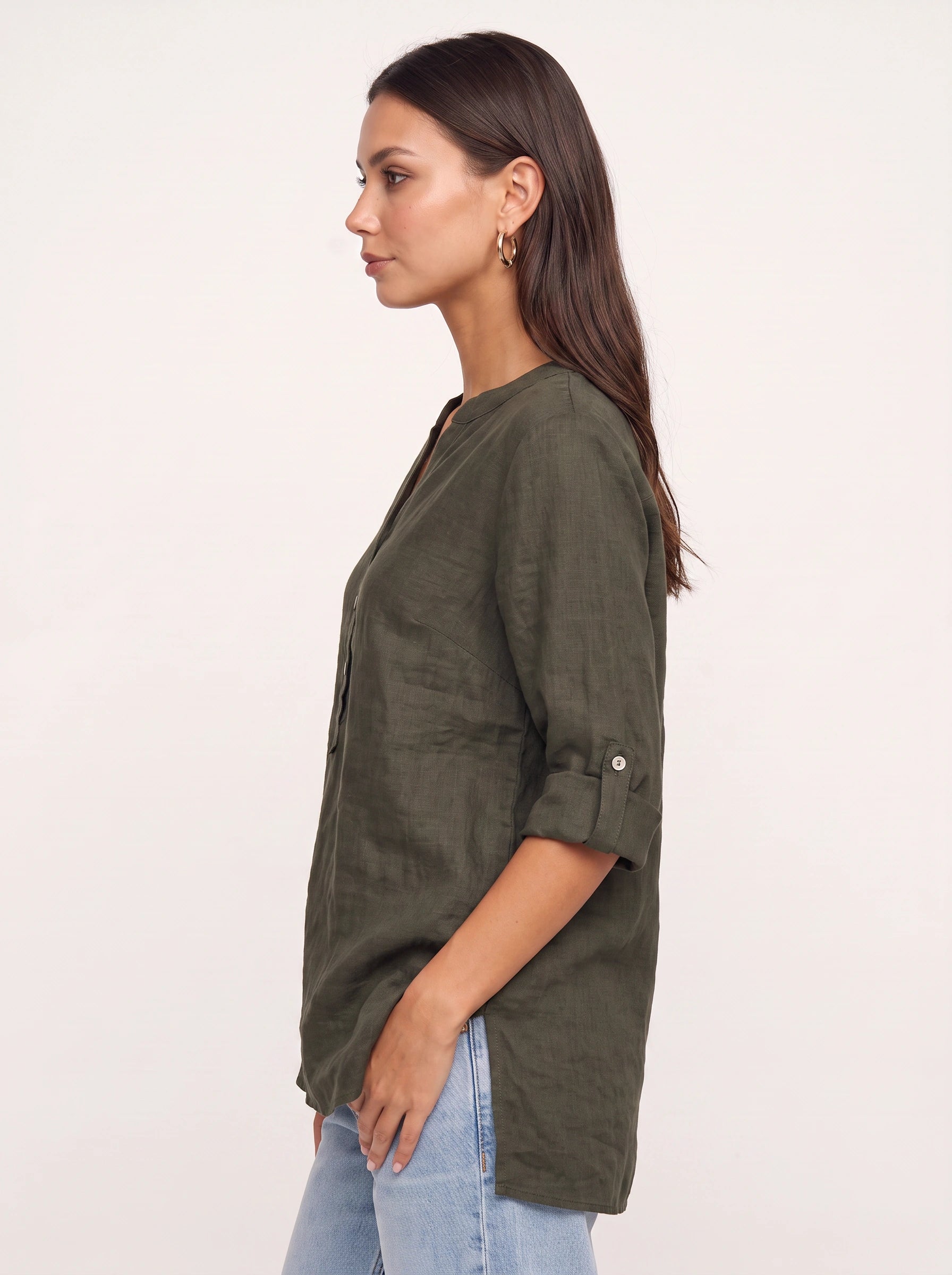 Casara Linen Henley Tunic Top – Women Button Front Roll Tab Sleeve Relaxed Blouse Summer Casual