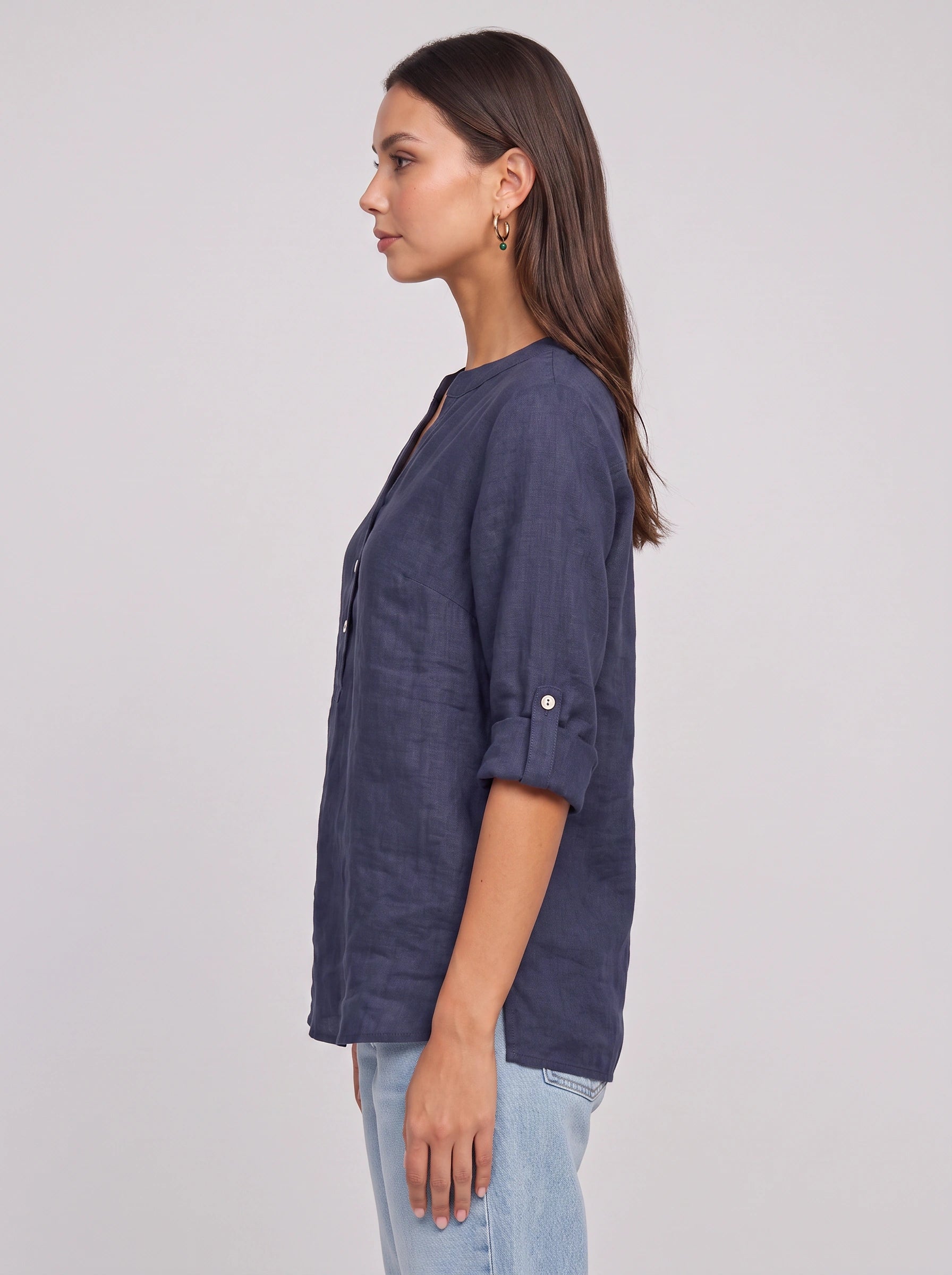 Casara Linen Henley Tunic Top – Women Button Front Roll Tab Sleeve Relaxed Blouse Summer Casual