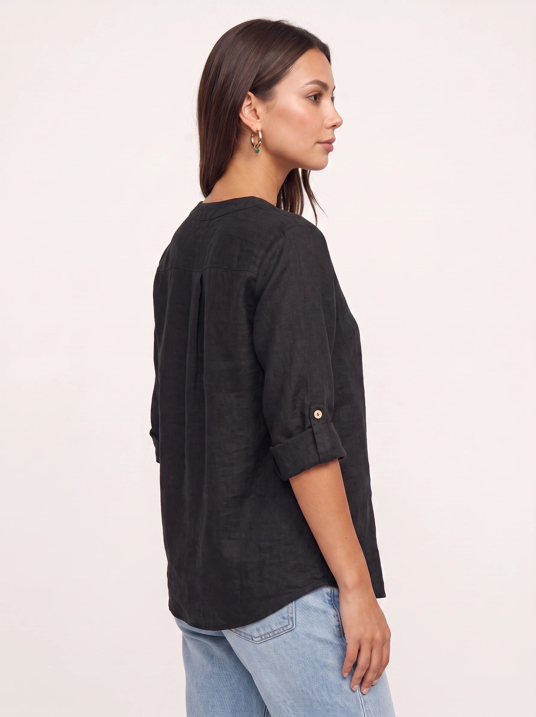 Casara Linen Henley Tunic Top – Women Button Front Roll Tab Sleeve Relaxed Blouse Summer Casual