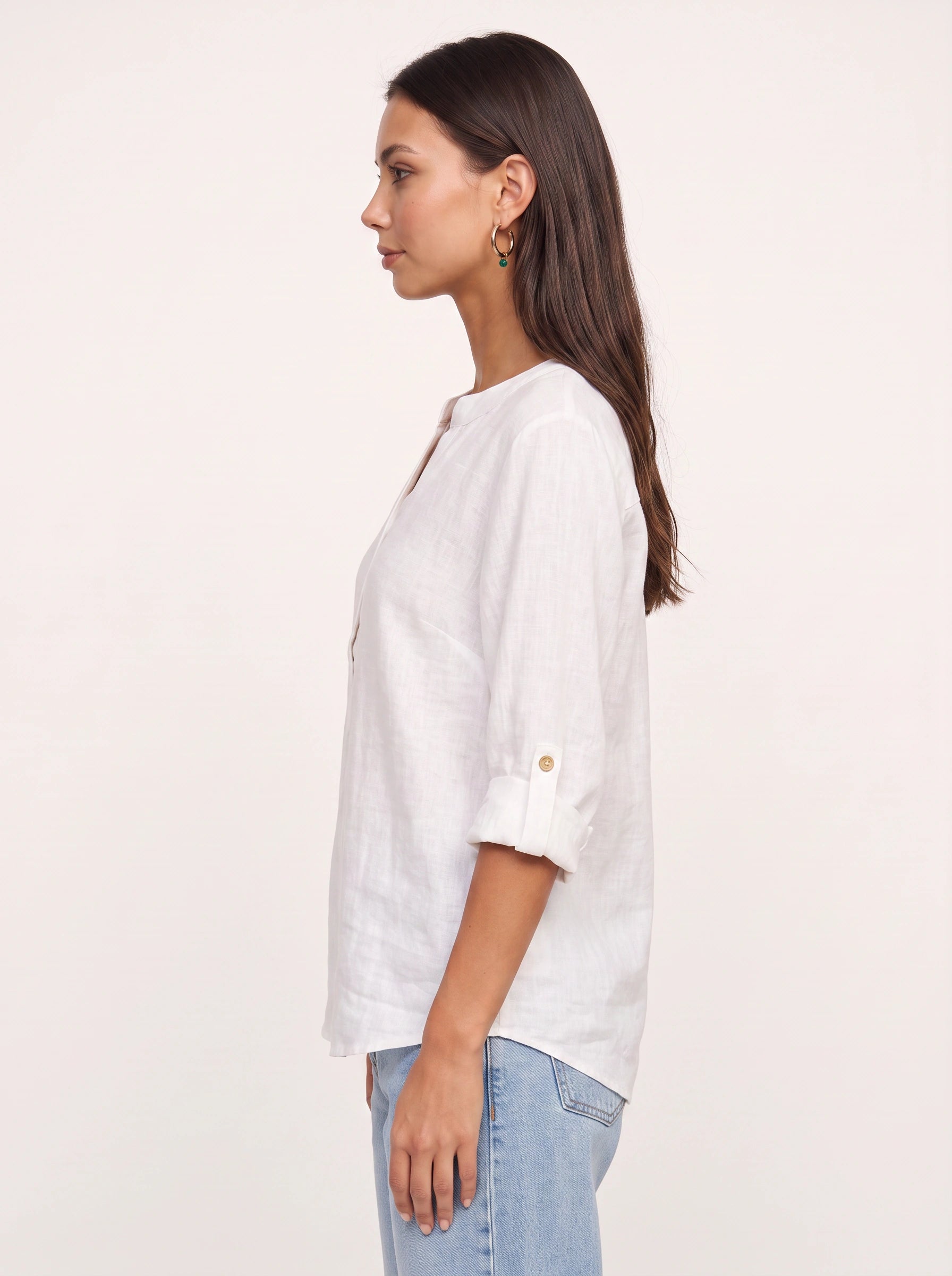 Casara Linen Henley Tunic Top – Women Button Front Roll Tab Sleeve Relaxed Blouse Summer Casual