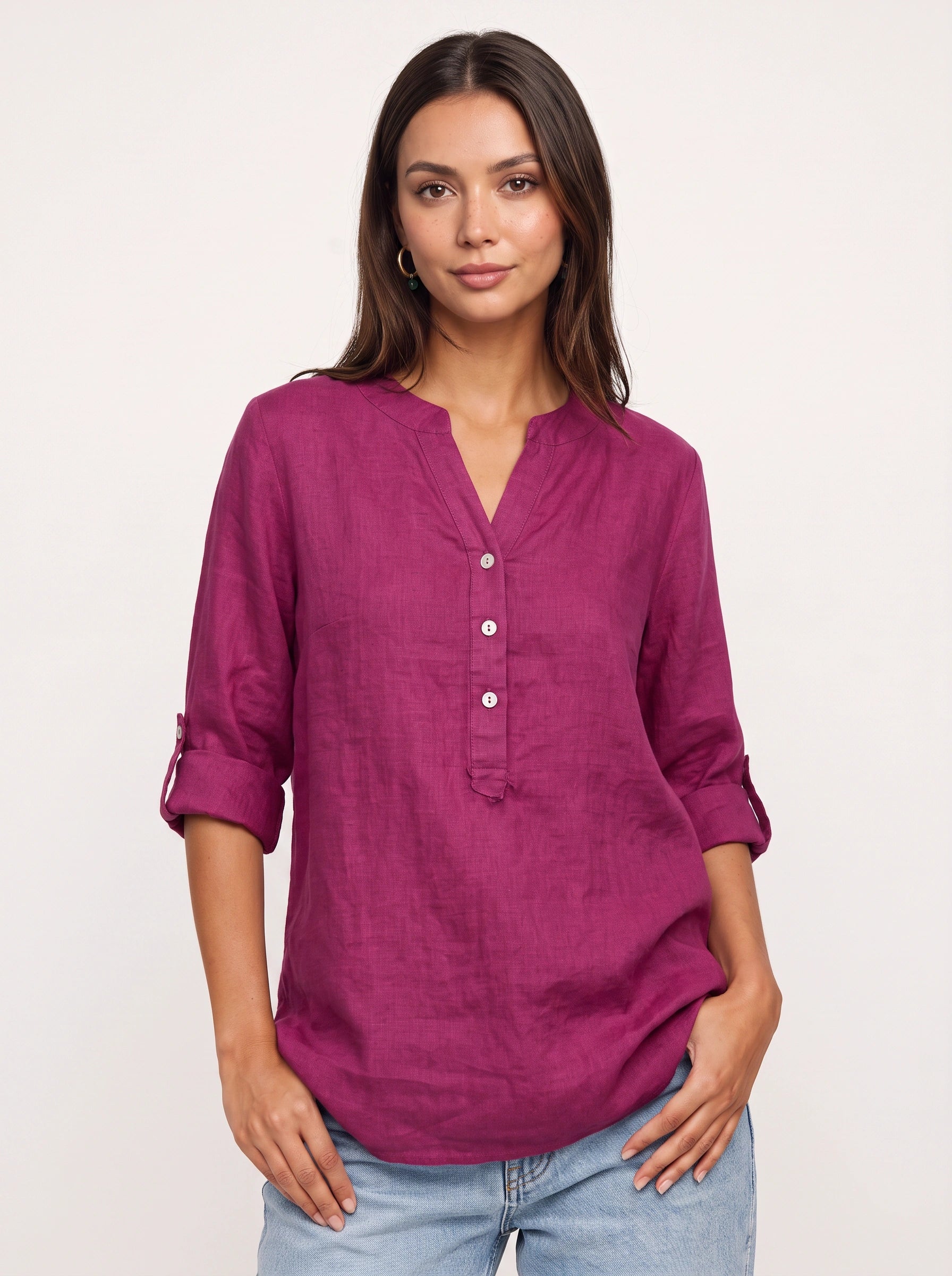 Casara Linen Henley Tunic Top – Women Button Front Roll Tab Sleeve Relaxed Blouse Summer Casual