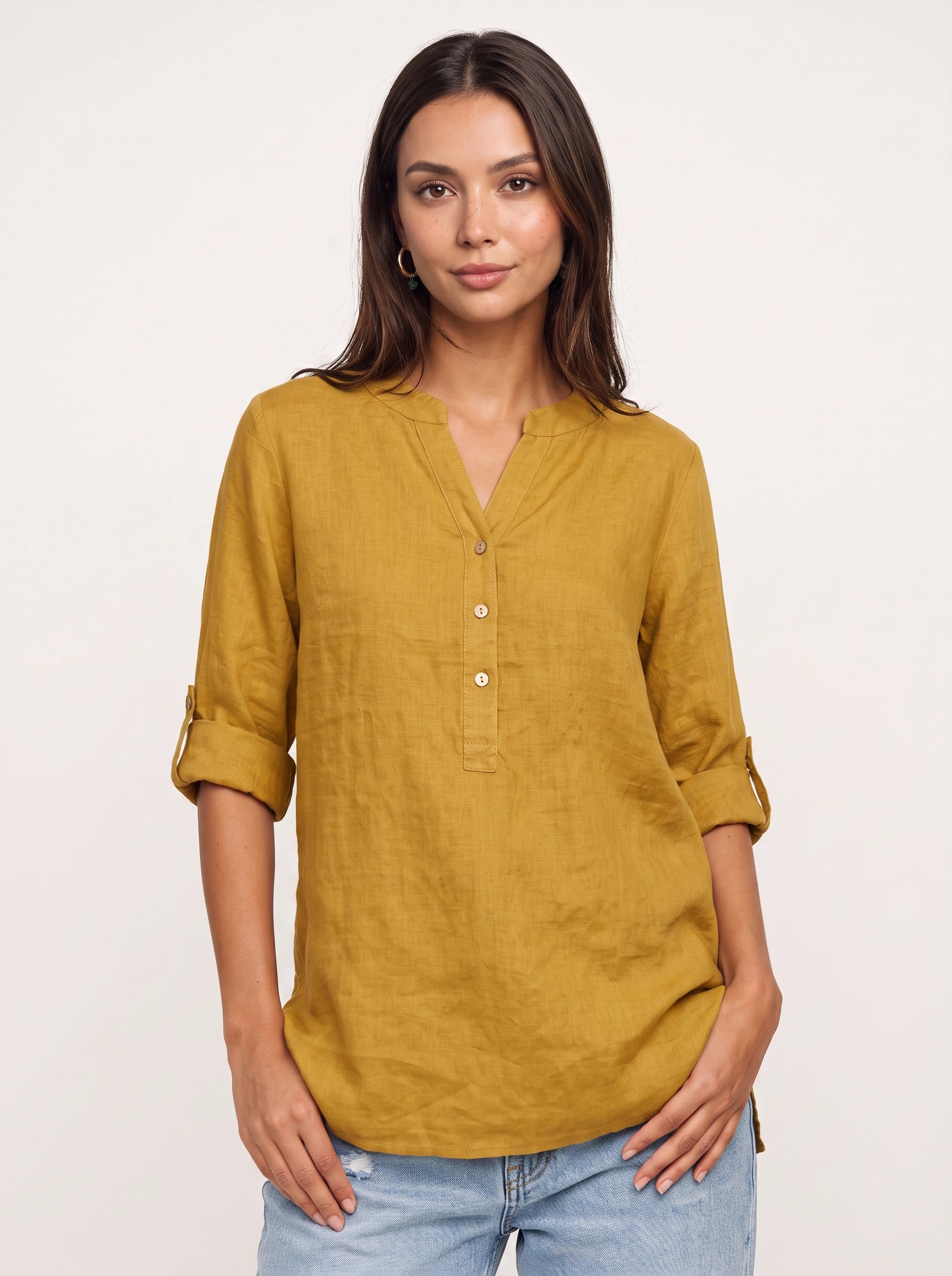 Casara Linen Henley Tunic Top – Women Button Front Roll Tab Sleeve Relaxed Blouse Summer Casual