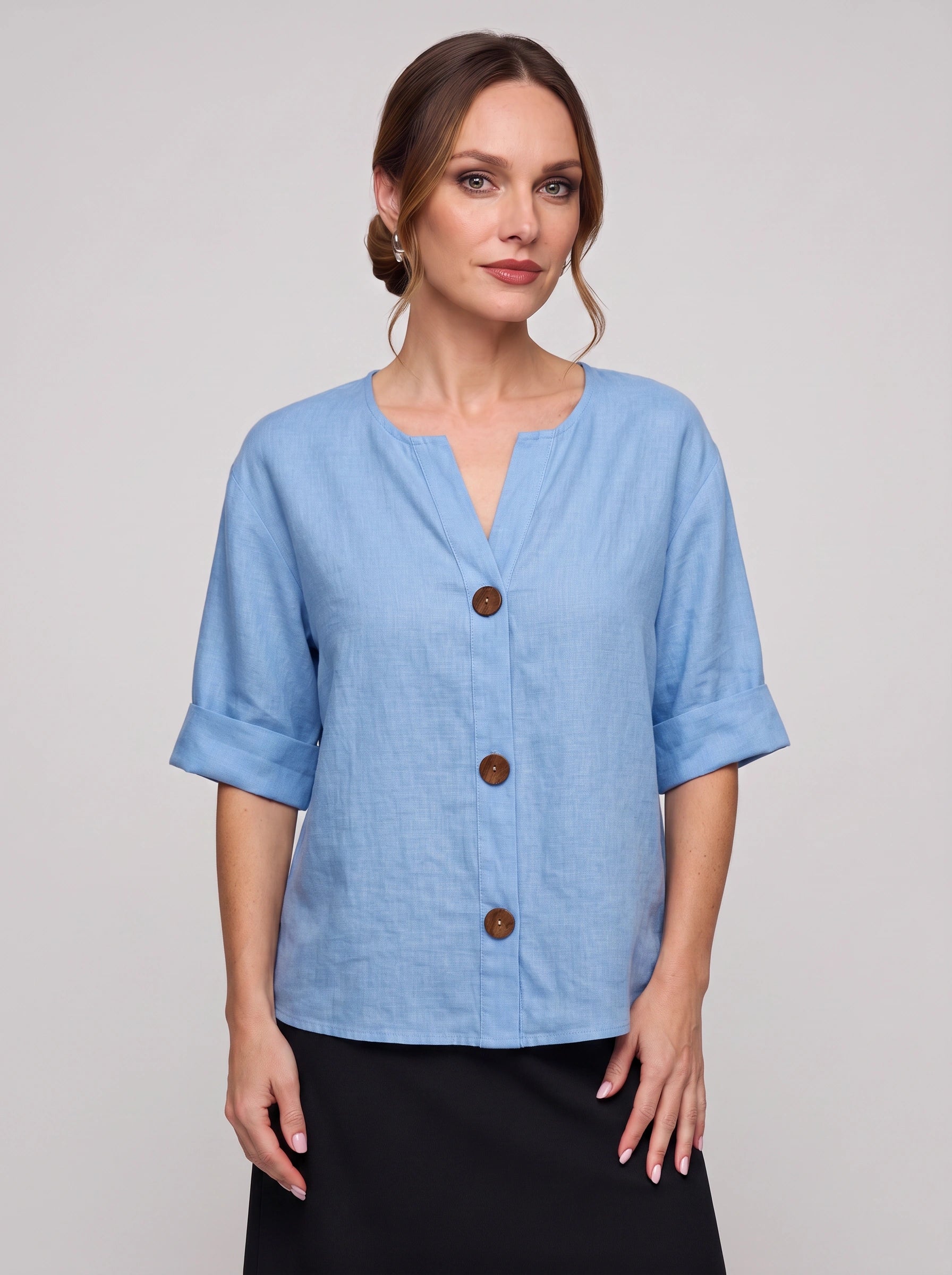 Linova Button-Front V-Neck Linen Top – Women Casual Summer Blouse Loose Fit Rolled Sleeve Linen Top