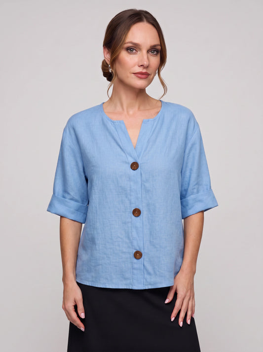 Linova Button-Front V-Neck Linen Top – Women Casual Summer Blouse Loose Fit Rolled Sleeve Linen Top