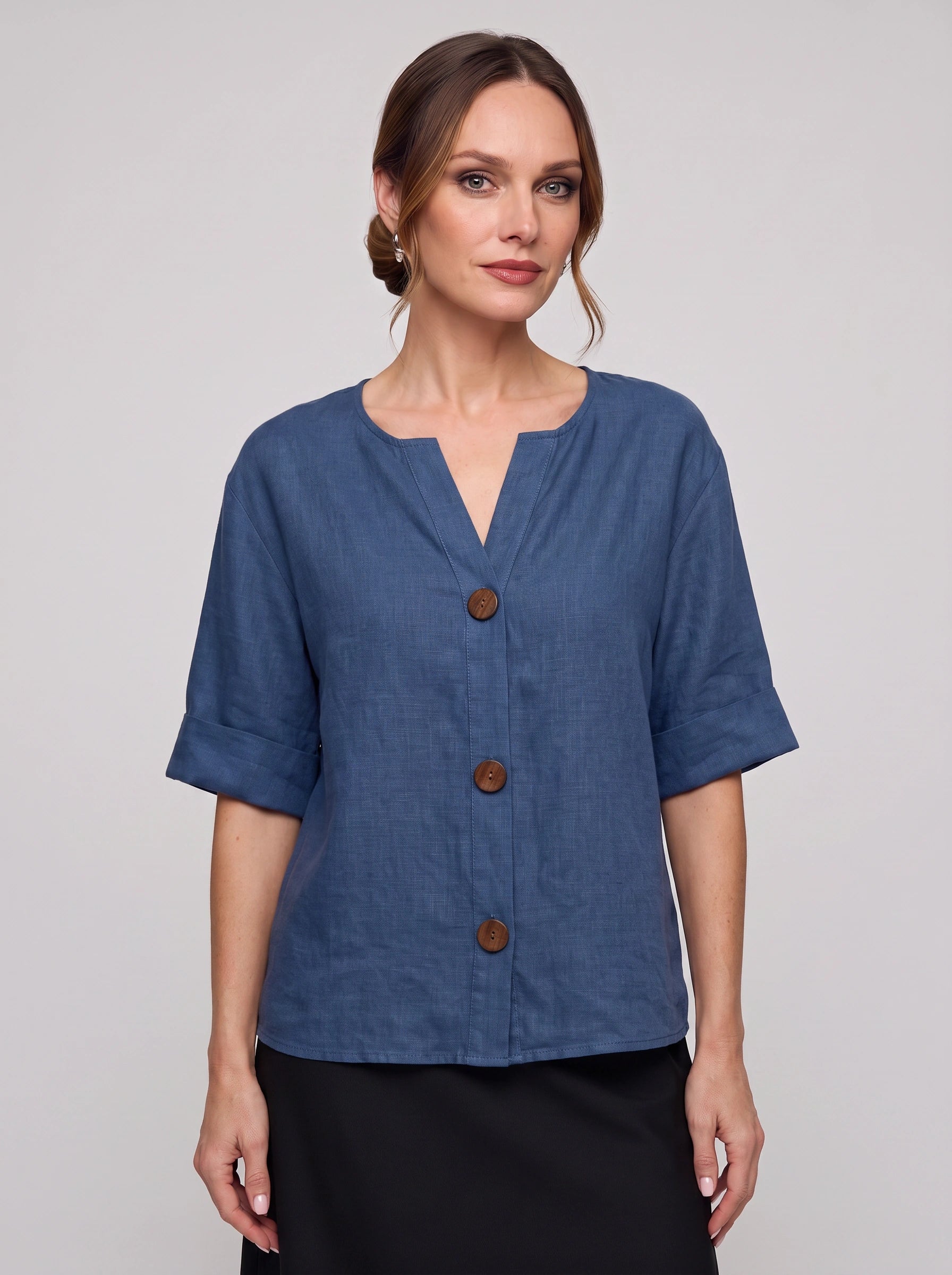 Linova Button-Front V-Neck Linen Top – Women Casual Summer Blouse Loose Fit Rolled Sleeve Linen Top