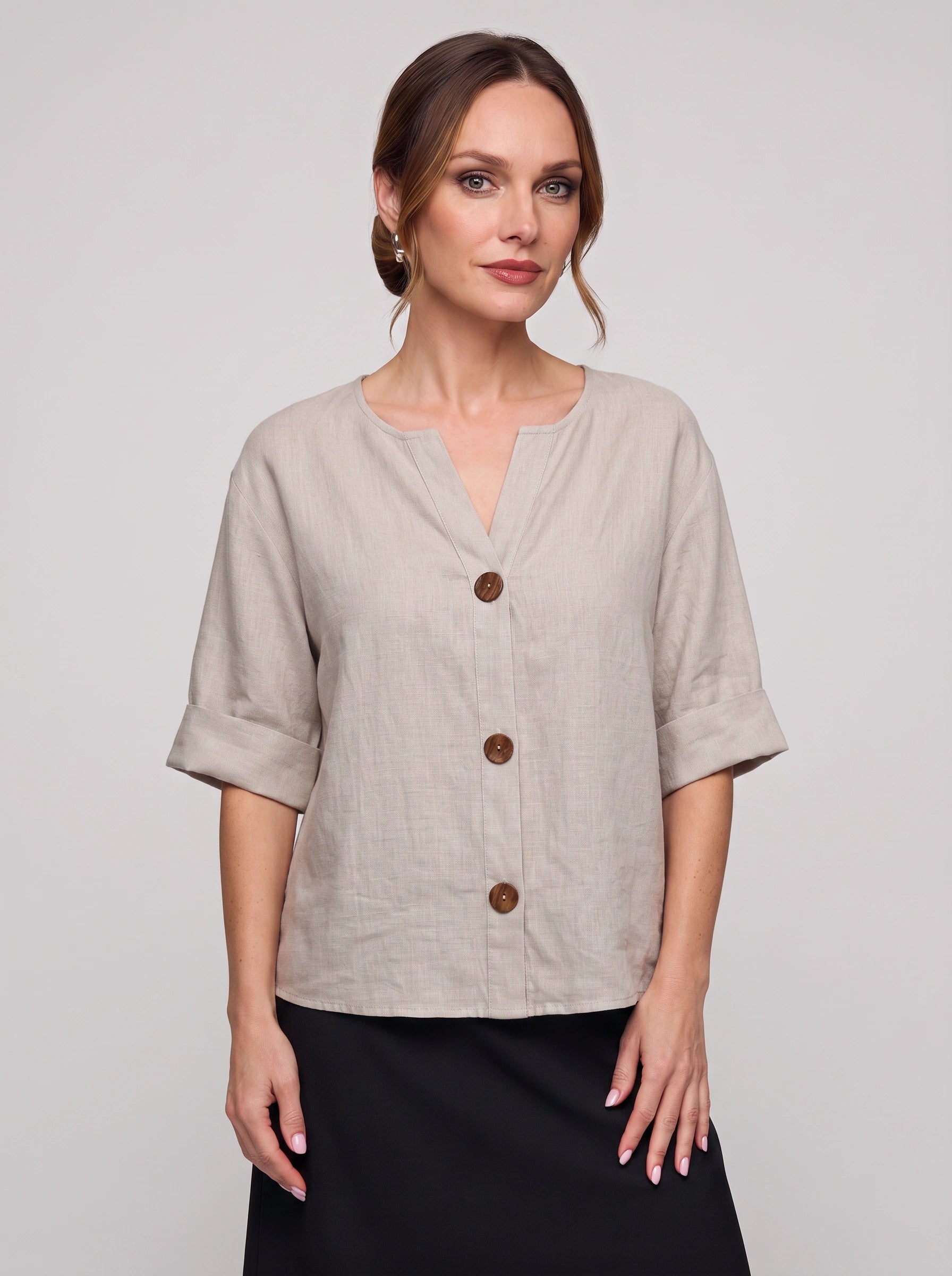 Linova Button-Front V-Neck Linen Top – Women Casual Summer Blouse Loose Fit Rolled Sleeve Linen Top