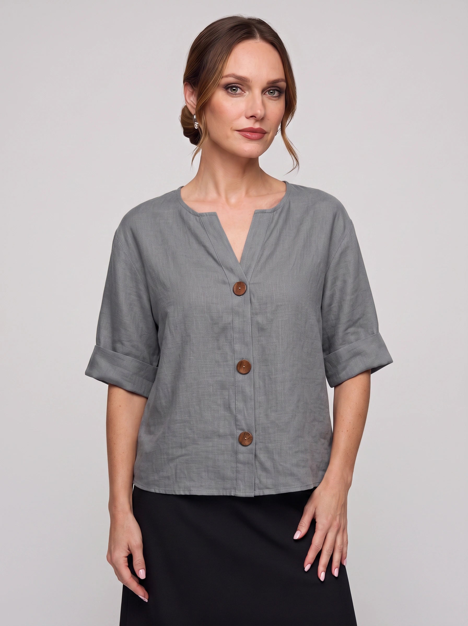 Linova Button-Front V-Neck Linen Top – Women Casual Summer Blouse Loose Fit Rolled Sleeve Linen Top