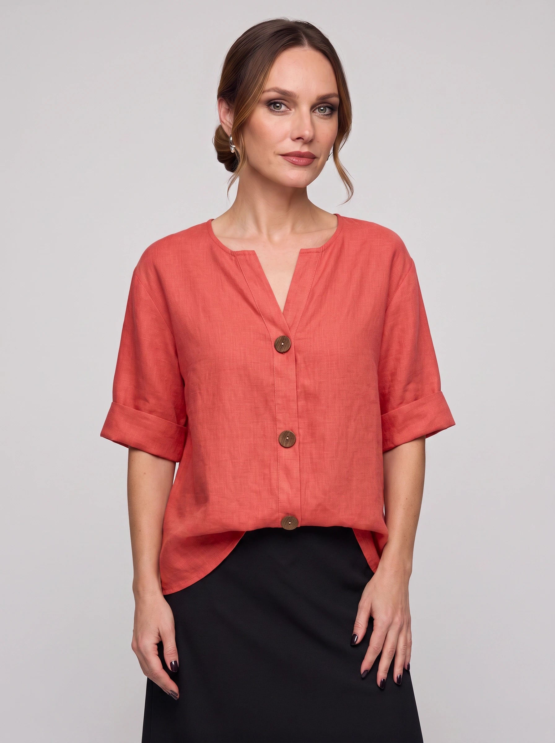 Linova Button-Front V-Neck Linen Top – Women Casual Summer Blouse Loose Fit Rolled Sleeve Linen Top
