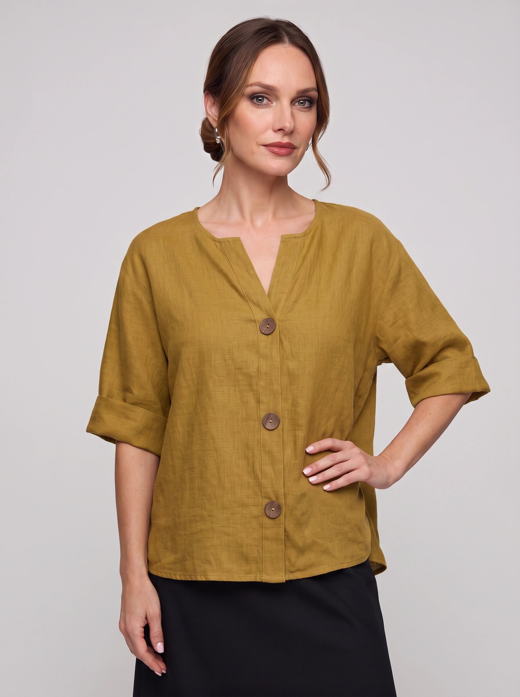 Linova Button-Front V-Neck Linen Top – Women Casual Summer Blouse Loose Fit Rolled Sleeve Linen Top