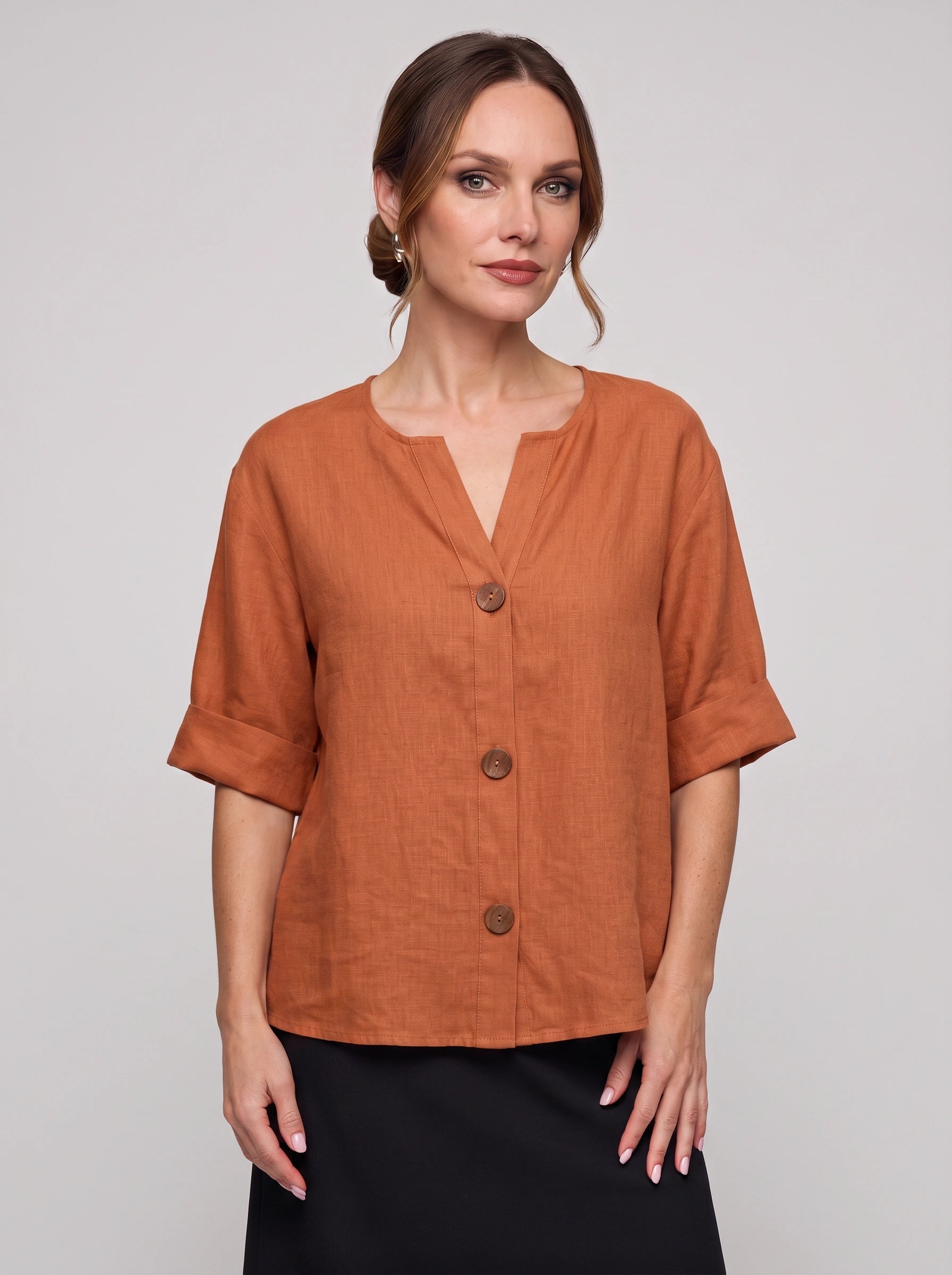 Linova Button-Front V-Neck Linen Top – Women Casual Summer Blouse Loose Fit Rolled Sleeve Linen Top