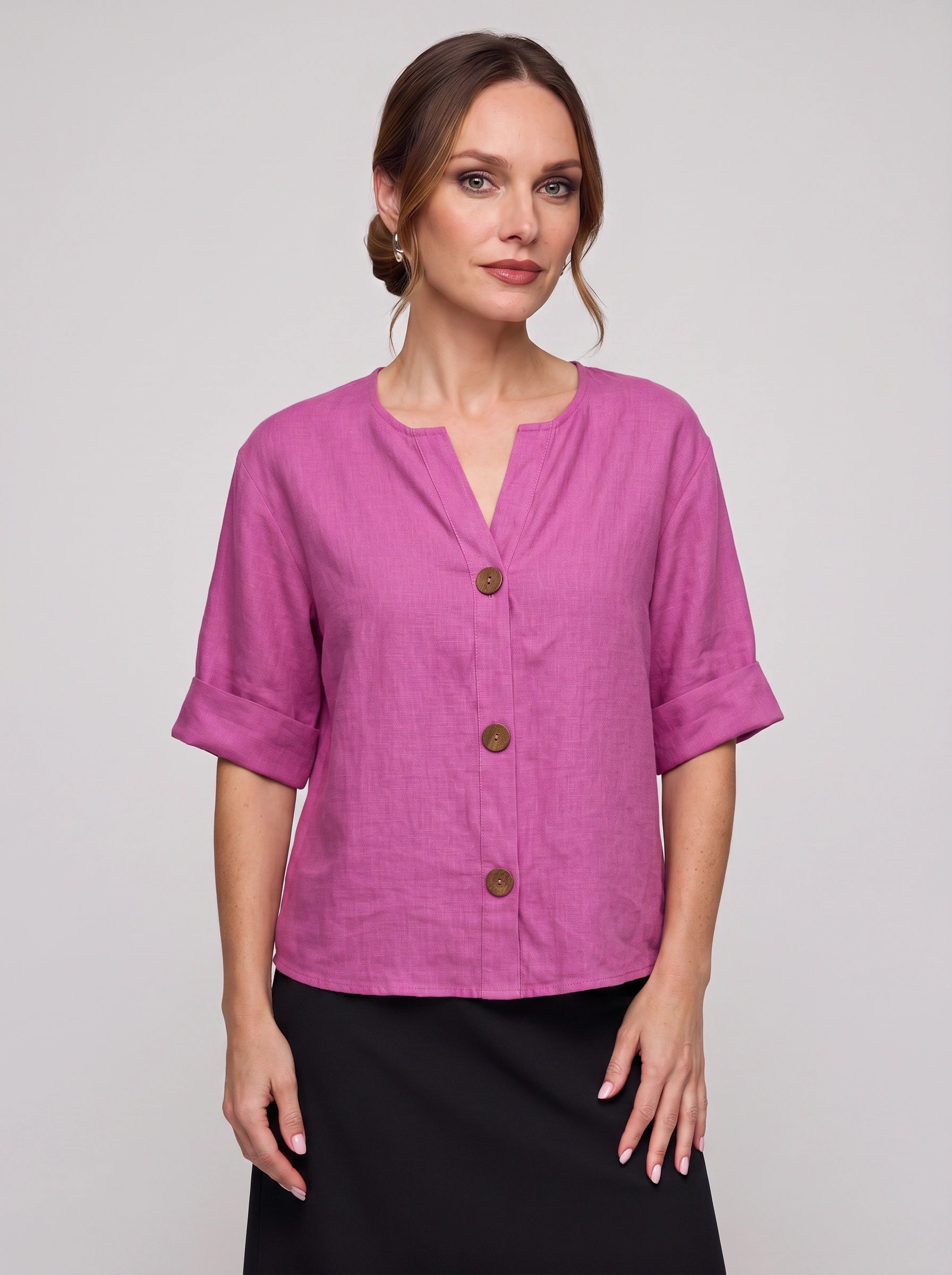 Linova Button-Front V-Neck Linen Top – Women Casual Summer Blouse Loose Fit Rolled Sleeve Linen Top