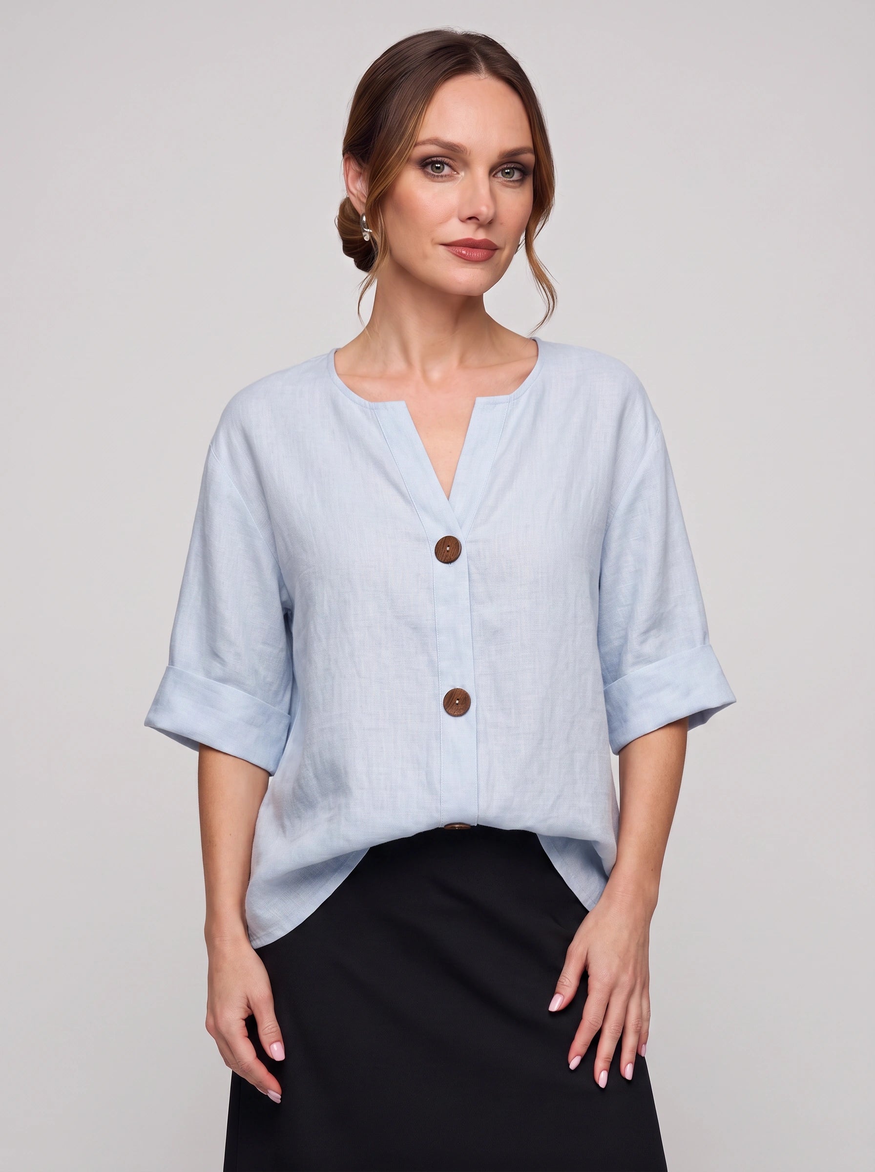 Linova Button-Front V-Neck Linen Top – Women Casual Summer Blouse Loose Fit Rolled Sleeve Linen Top