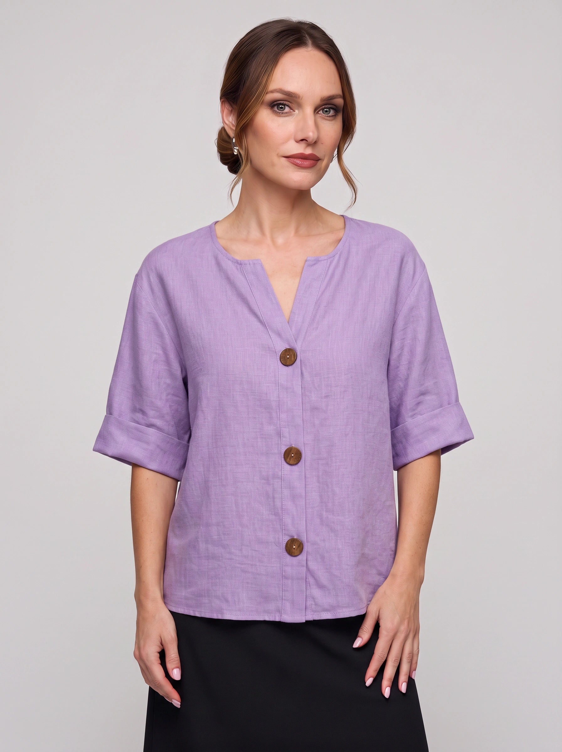 Linova Button-Front V-Neck Linen Top – Women Casual Summer Blouse Loose Fit Rolled Sleeve Linen Top