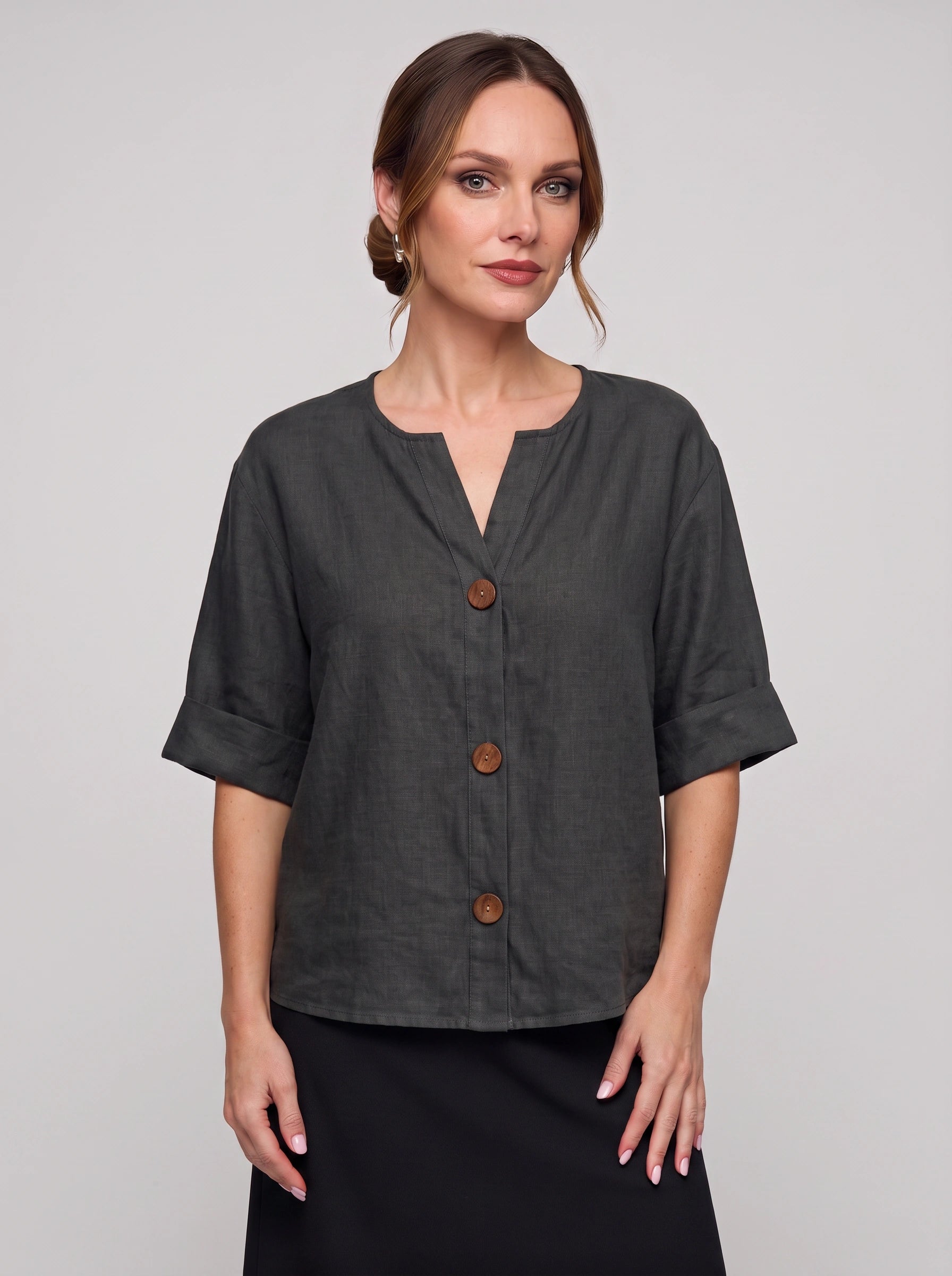 Linova Button-Front V-Neck Linen Top – Women Casual Summer Blouse Loose Fit Rolled Sleeve Linen Top