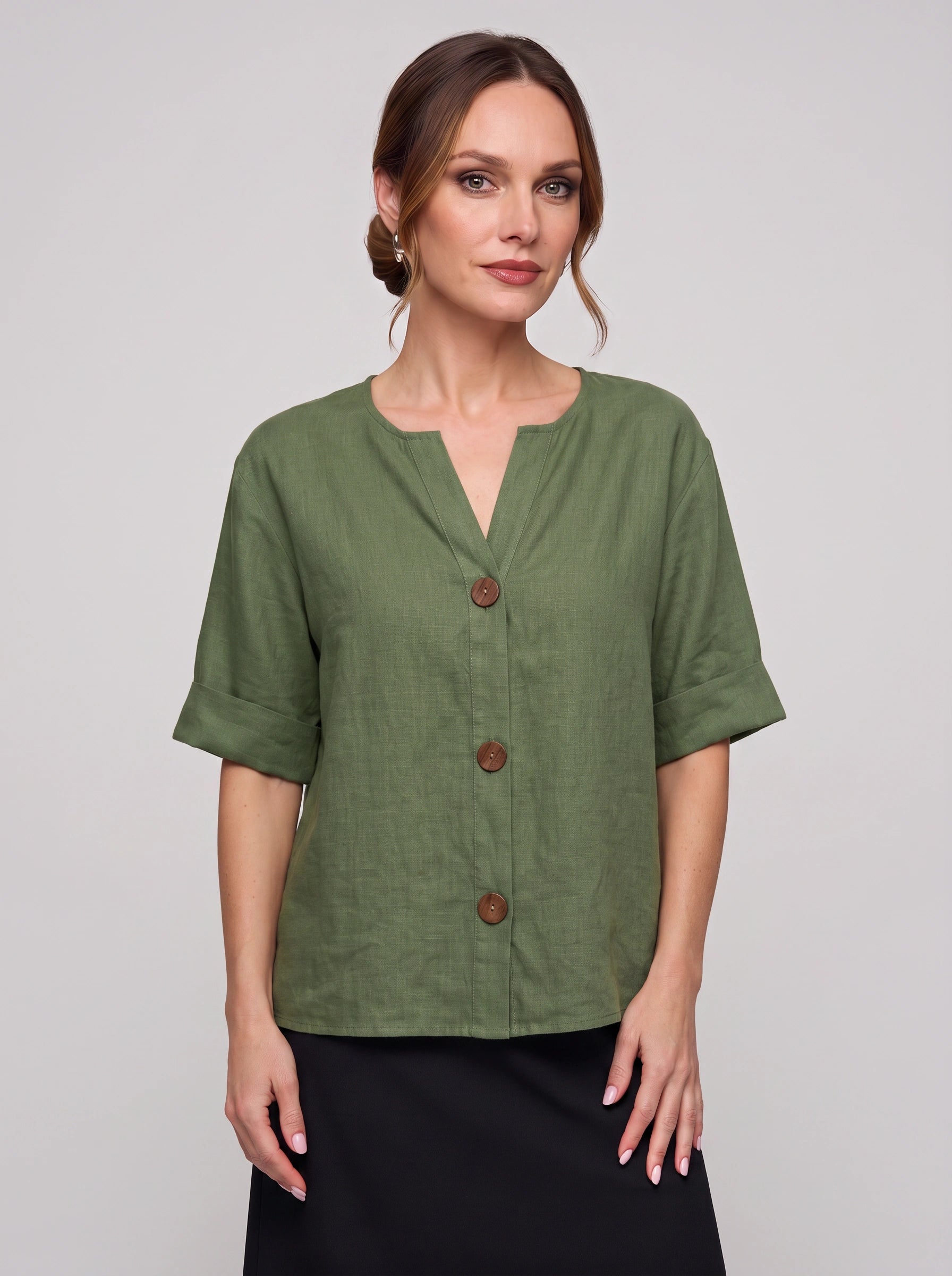 Linova Button-Front V-Neck Linen Top – Women Casual Summer Blouse Loose Fit Rolled Sleeve Linen Top