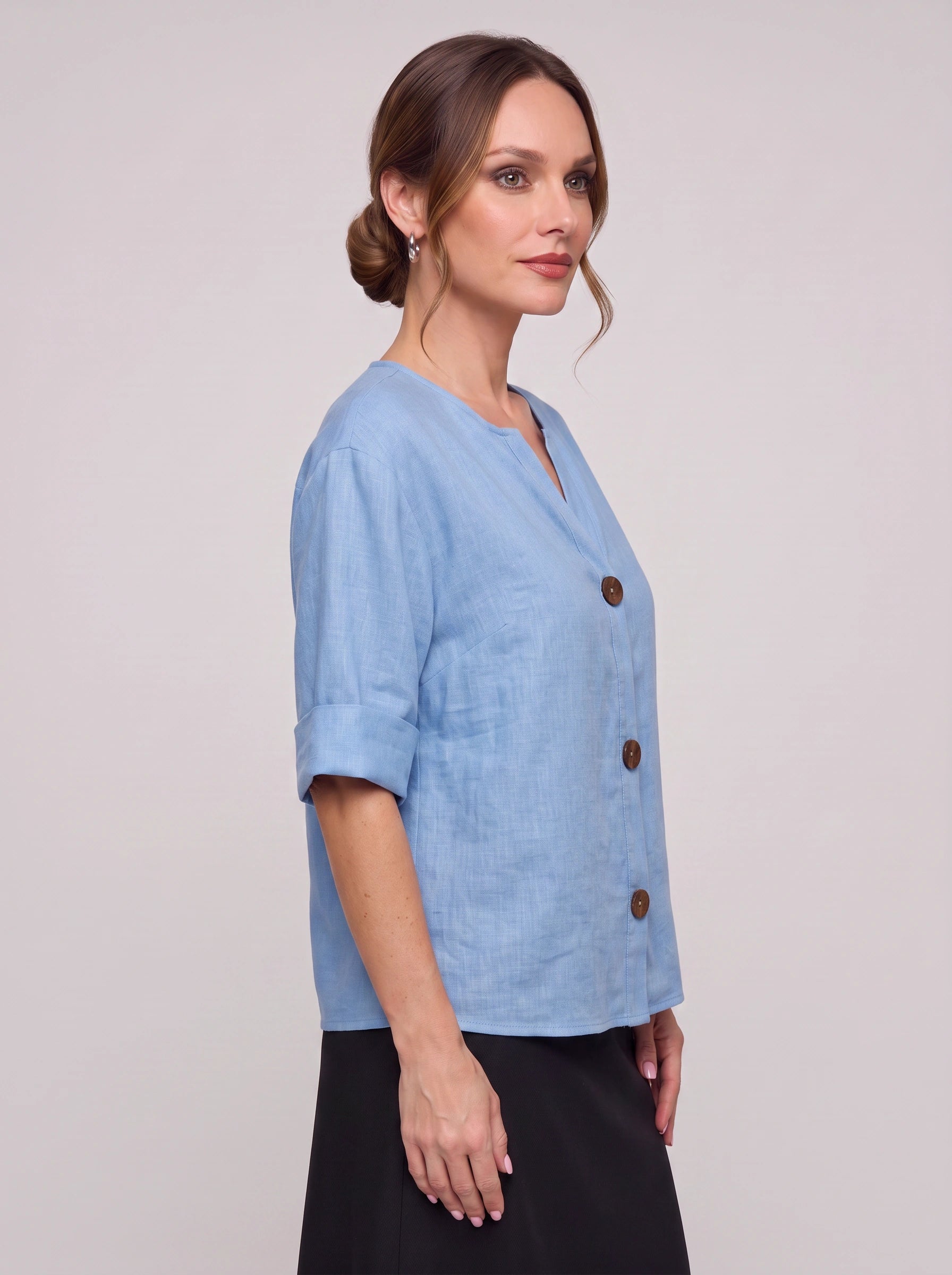 Linova Button-Front V-Neck Linen Top – Women Casual Summer Blouse Loose Fit Rolled Sleeve Linen Top