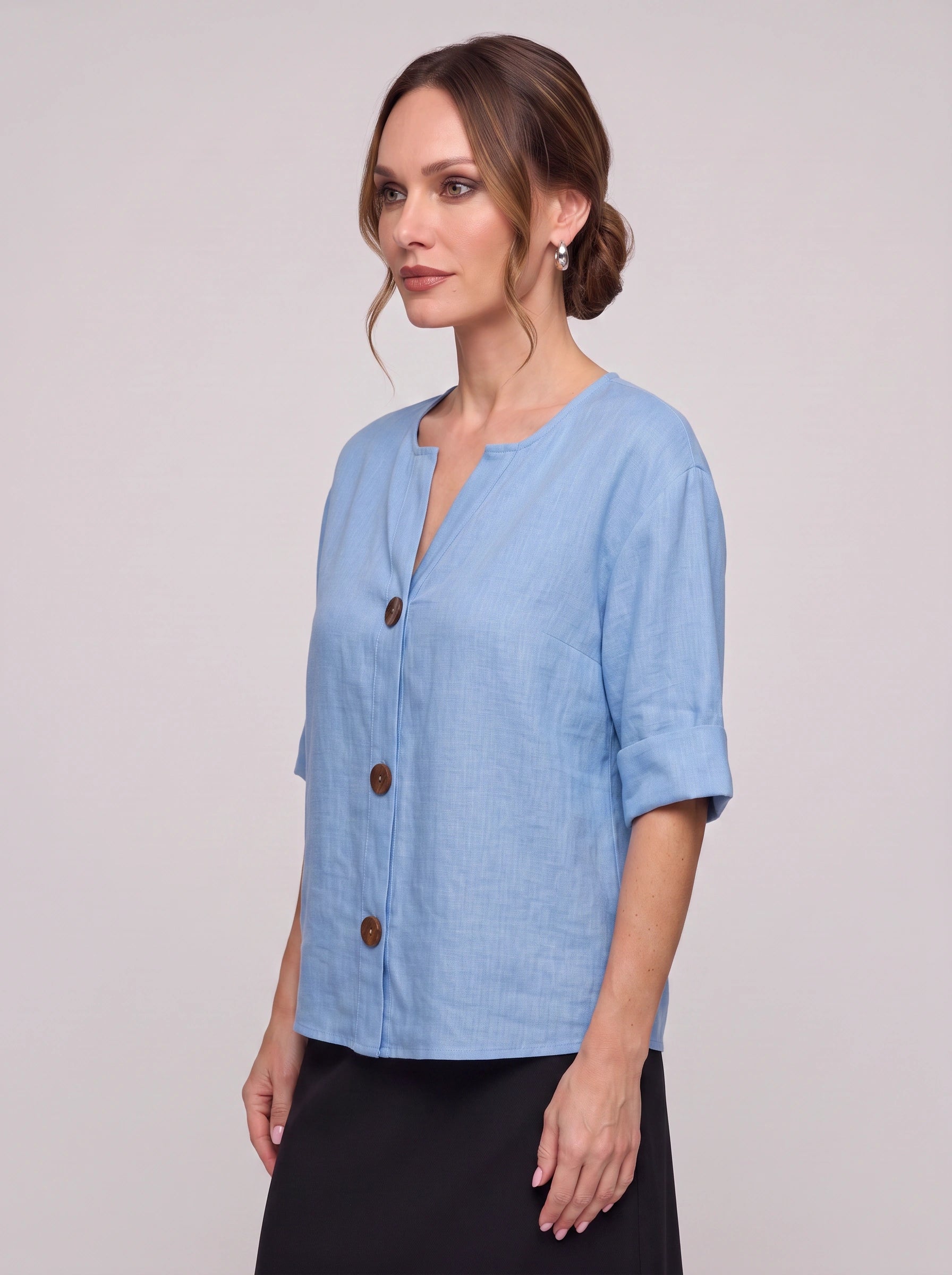 Linova Button-Front V-Neck Linen Top – Women Casual Summer Blouse Loose Fit Rolled Sleeve Linen Top