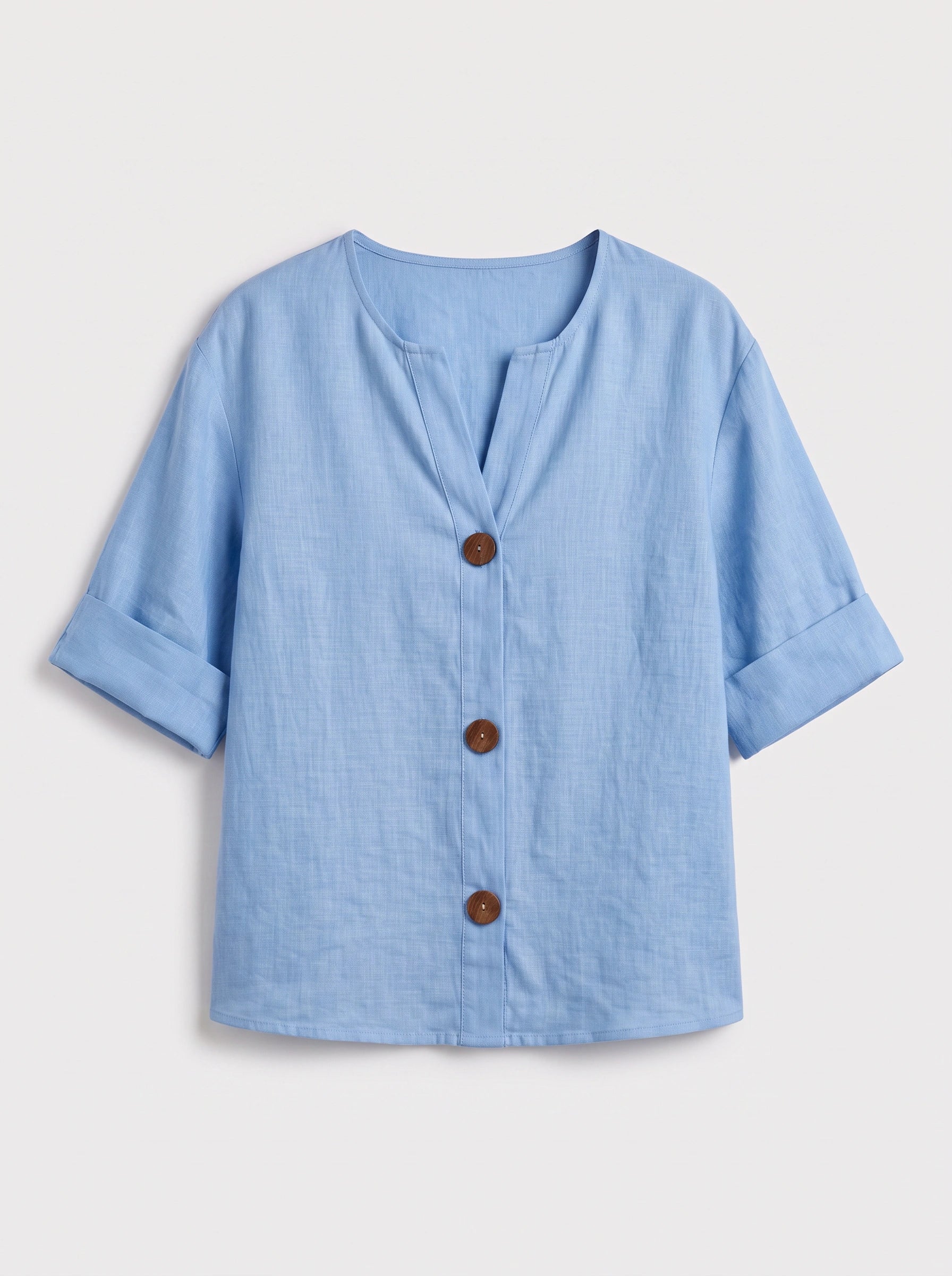 Linova Button-Front V-Neck Linen Top – Women Casual Summer Blouse Loose Fit Rolled Sleeve Linen Top