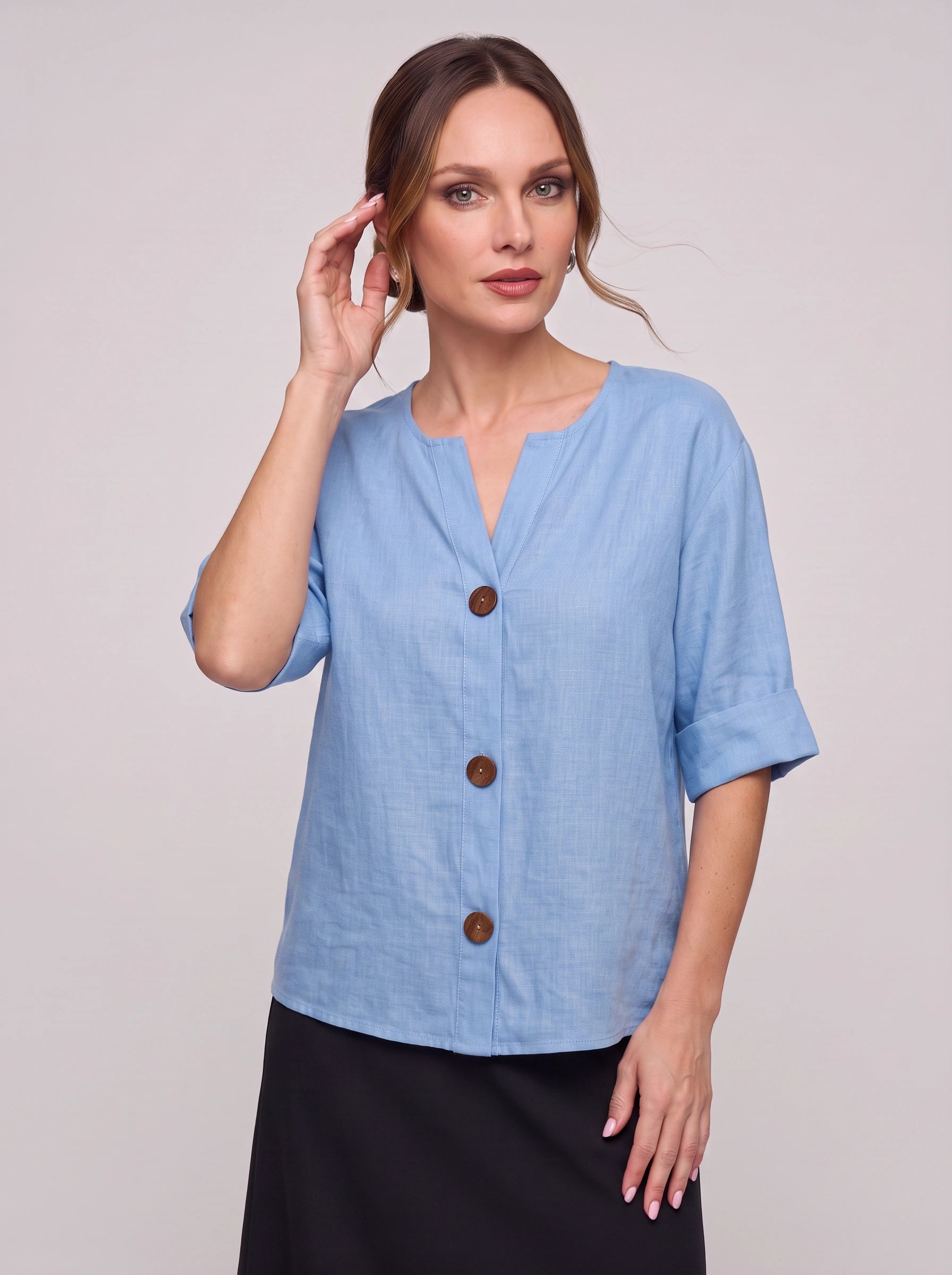 Linova Button-Front V-Neck Linen Top – Women Casual Summer Blouse Loose Fit Rolled Sleeve Linen Top