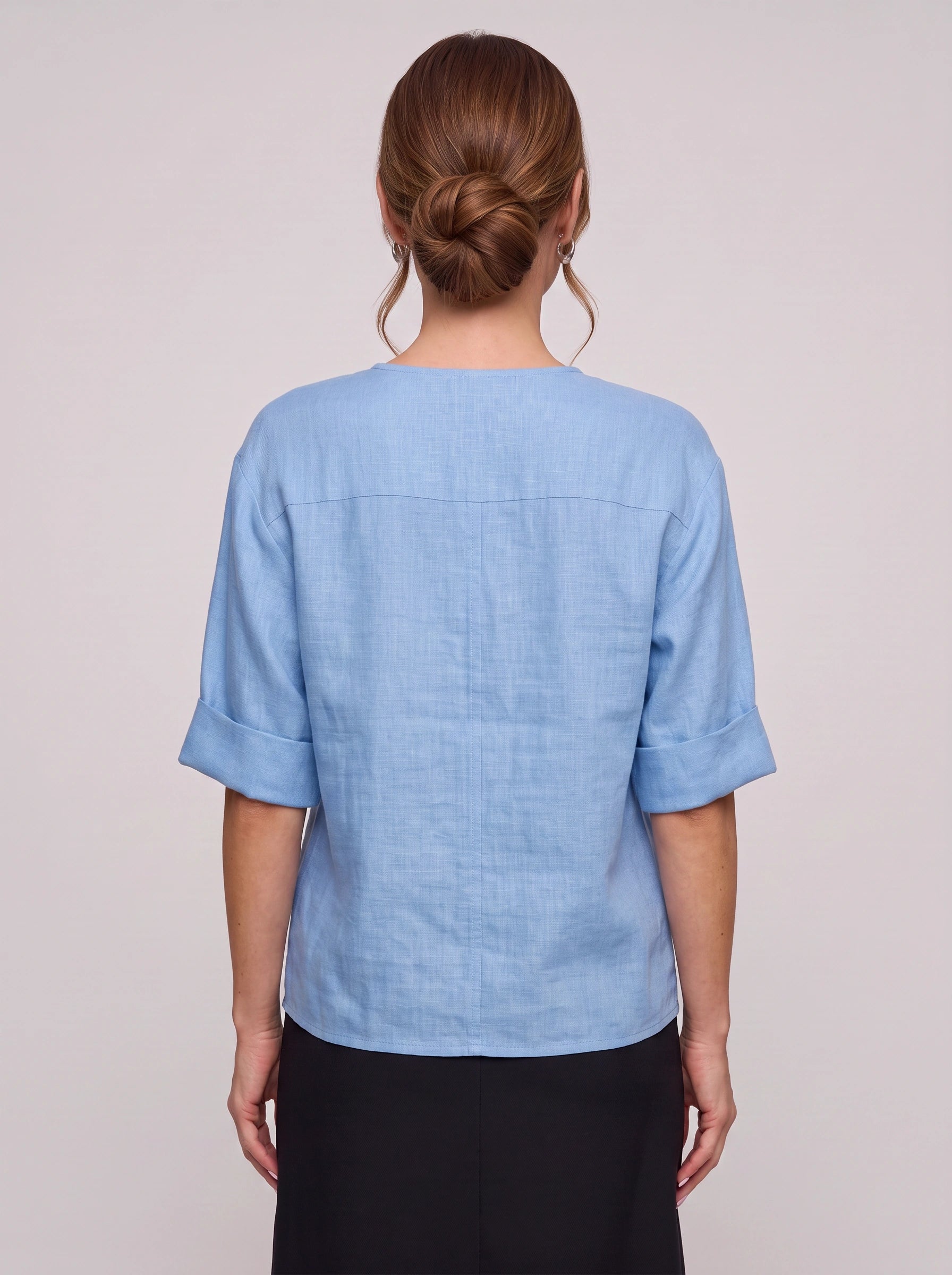 Linova Button-Front V-Neck Linen Top – Women Casual Summer Blouse Loose Fit Rolled Sleeve Linen Top