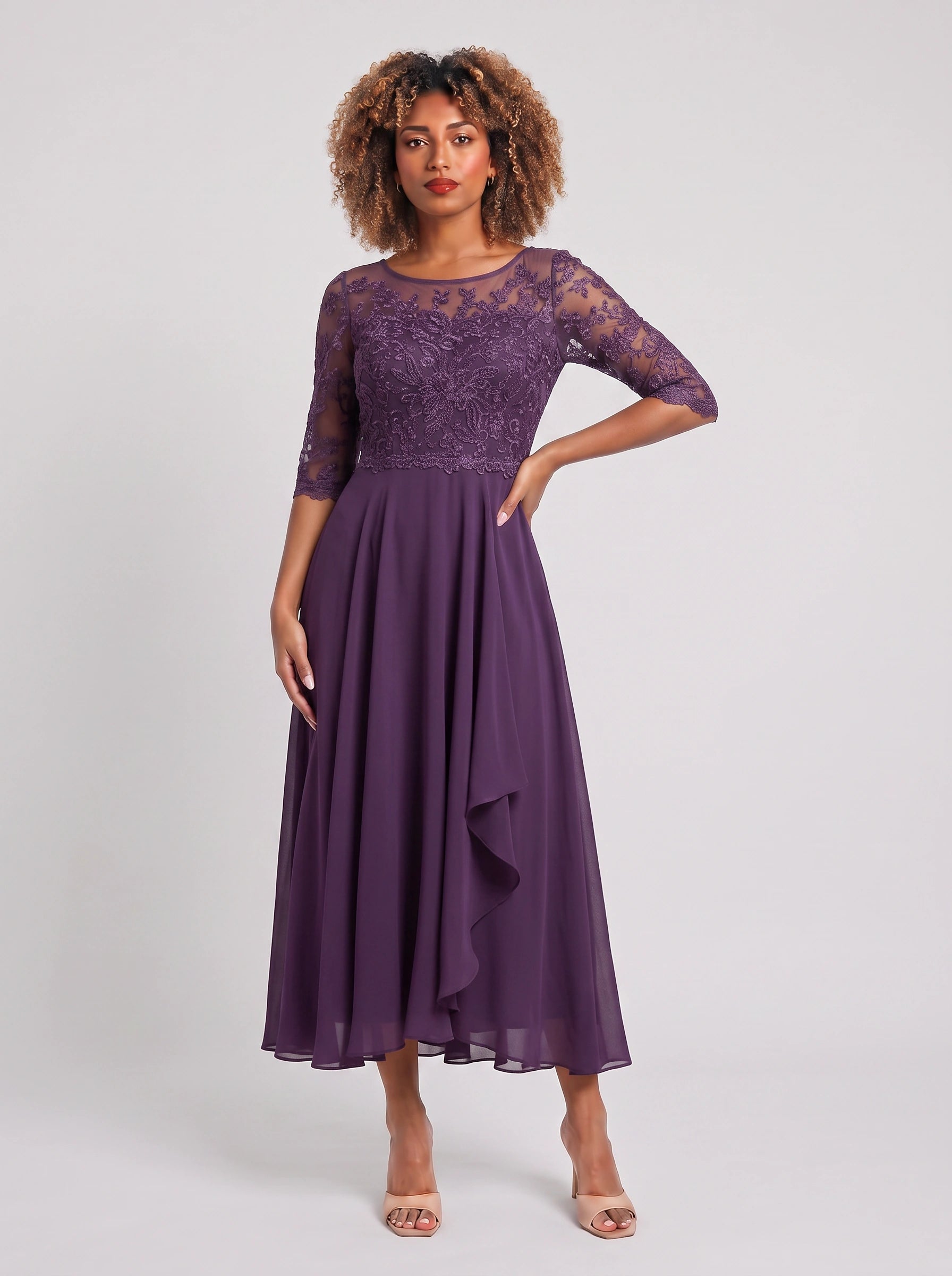 Ameflor Lace Bodice Tea-Length Midi Dress – Formal Wedding Guest Women Elegant Evening Midi Dress