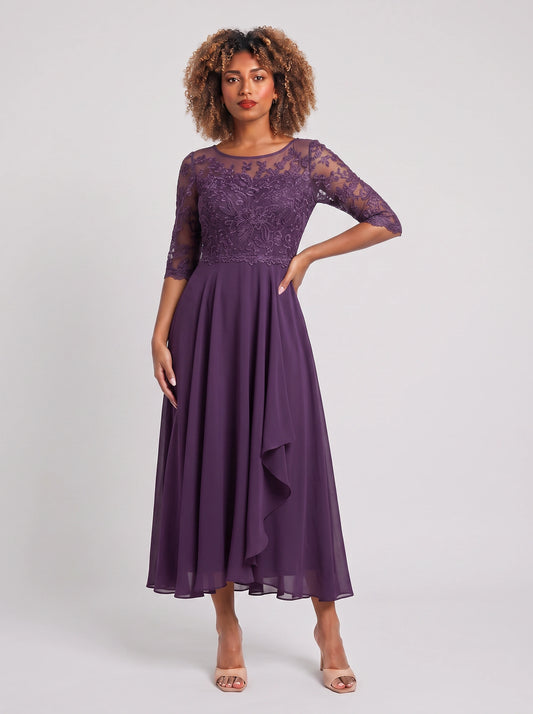 Ameflor Lace Bodice Tea-Length Midi Dress – Formal Wedding Guest Women Elegant Evening Midi Dress