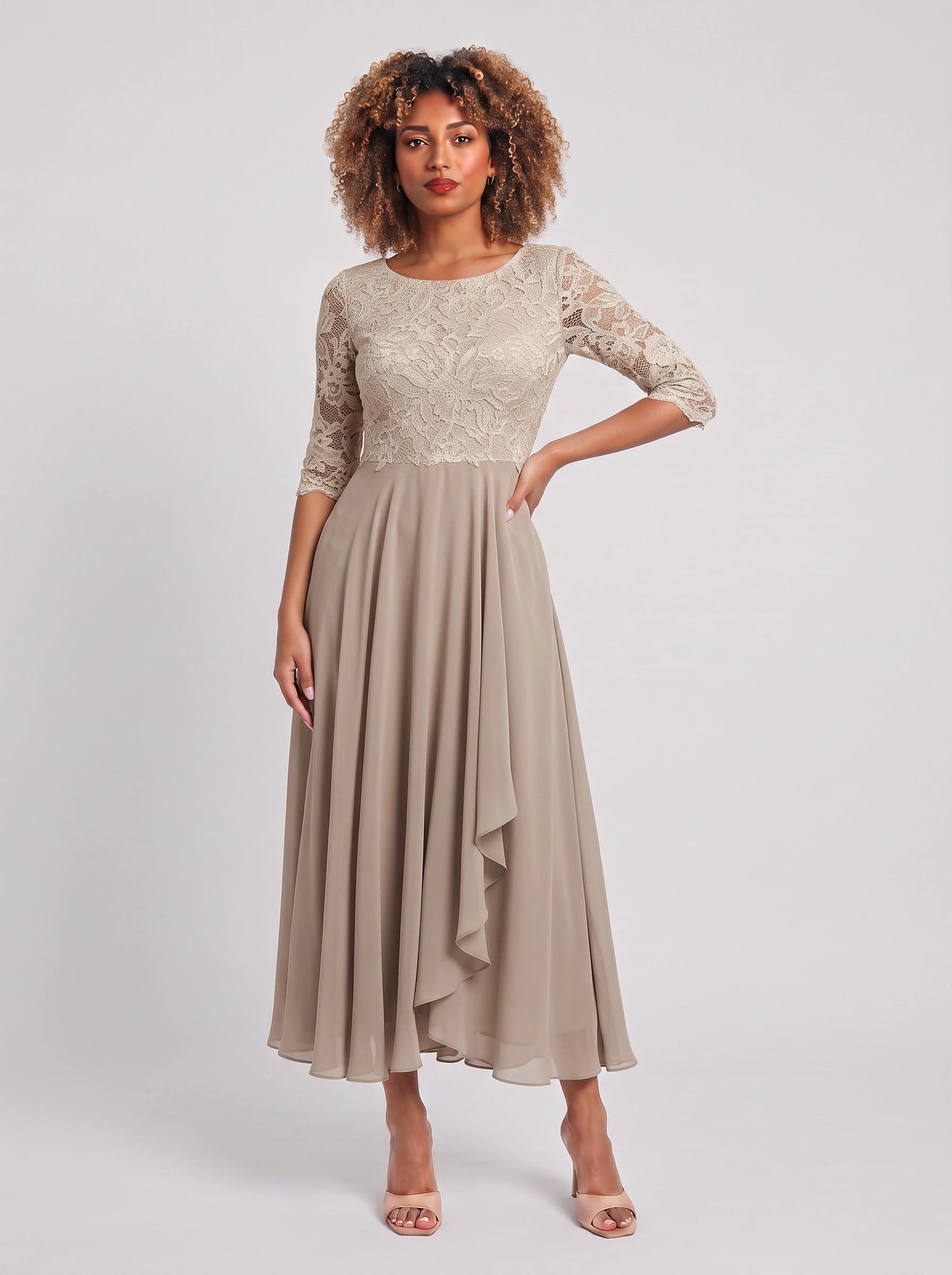 Ameflor Lace Bodice Tea-Length Midi Dress – Formal Wedding Guest Women Elegant Evening Midi Dress