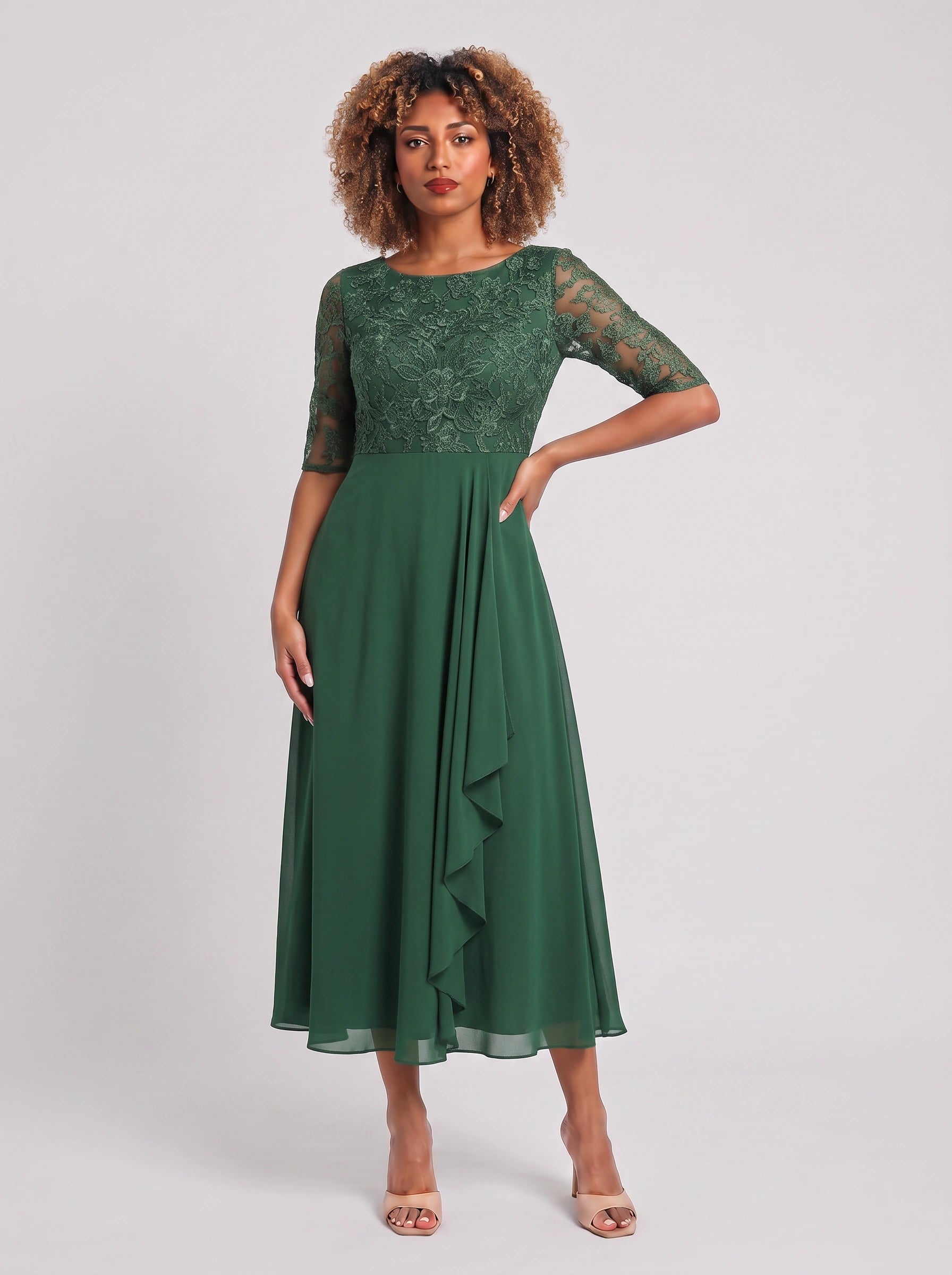 Ameflor Lace Bodice Tea-Length Midi Dress – Formal Wedding Guest Women Elegant Evening Midi Dress
