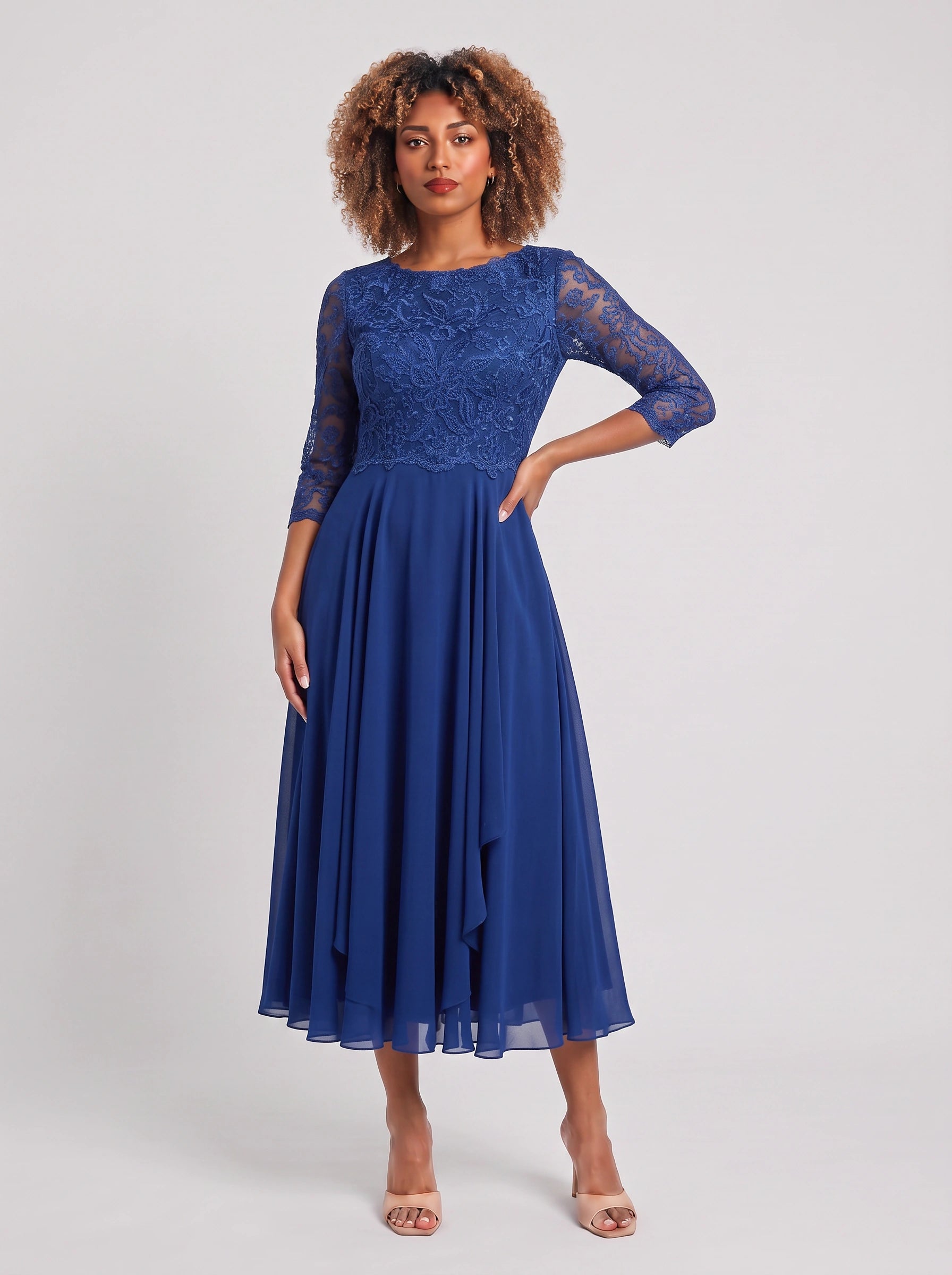 Ameflor Lace Bodice Tea-Length Midi Dress – Formal Wedding Guest Women Elegant Evening Midi Dress